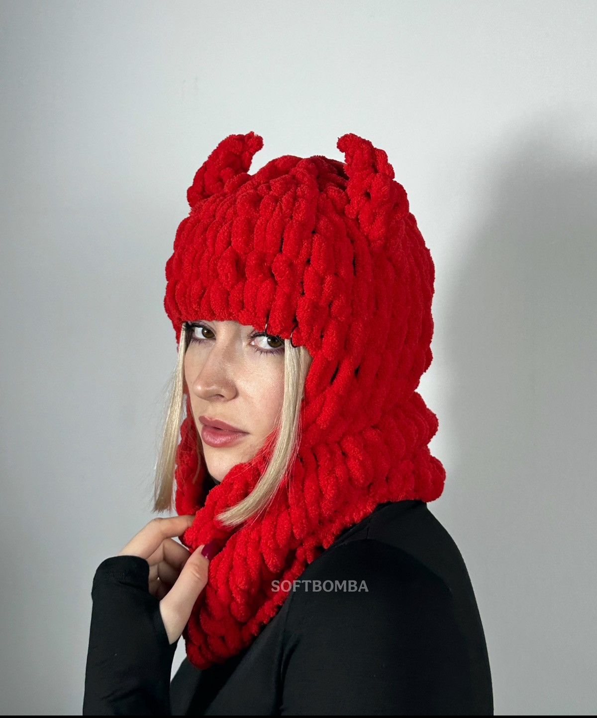 Handmade Devil hat with horns . Horns ski mask . Balaclava Size ONE SIZE - 4 Thumbnail