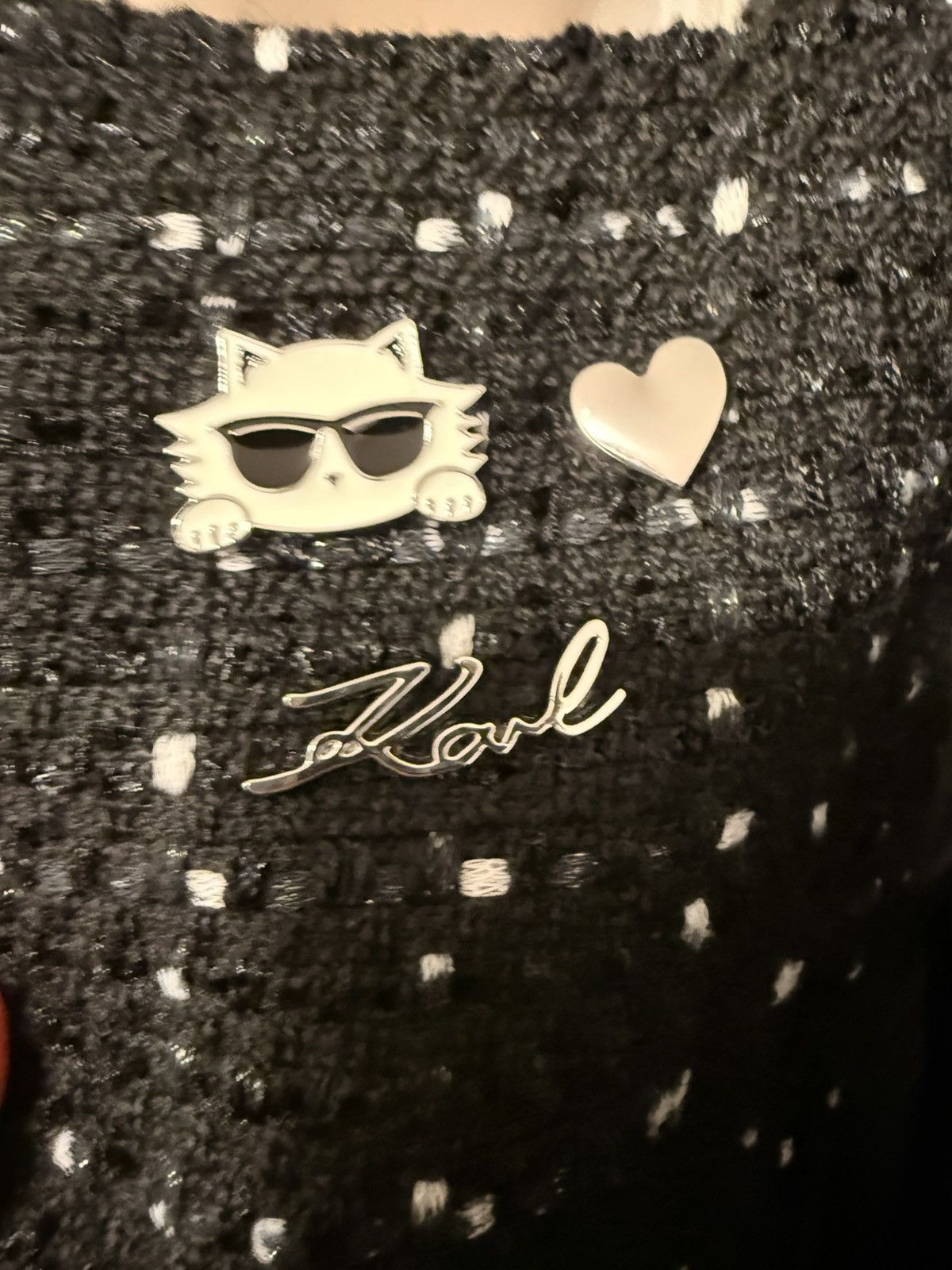 Karl Lagerfeld KARL LAGERFELD Logo Enamel Pin Tweed Moto Jacket In Black Size L / US 10 / IT 46 - 7 Thumbnail