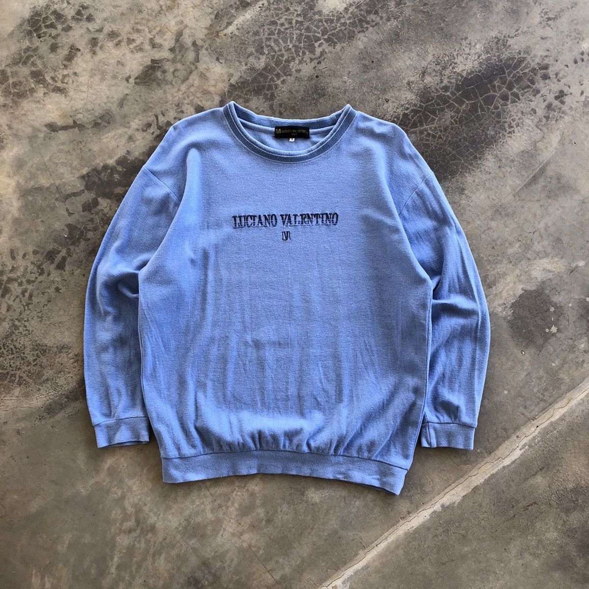 image of Italian Designers x Valentino Luciano Valentino Embroidery Spellout Sweatshirt in Blue (Size Small)