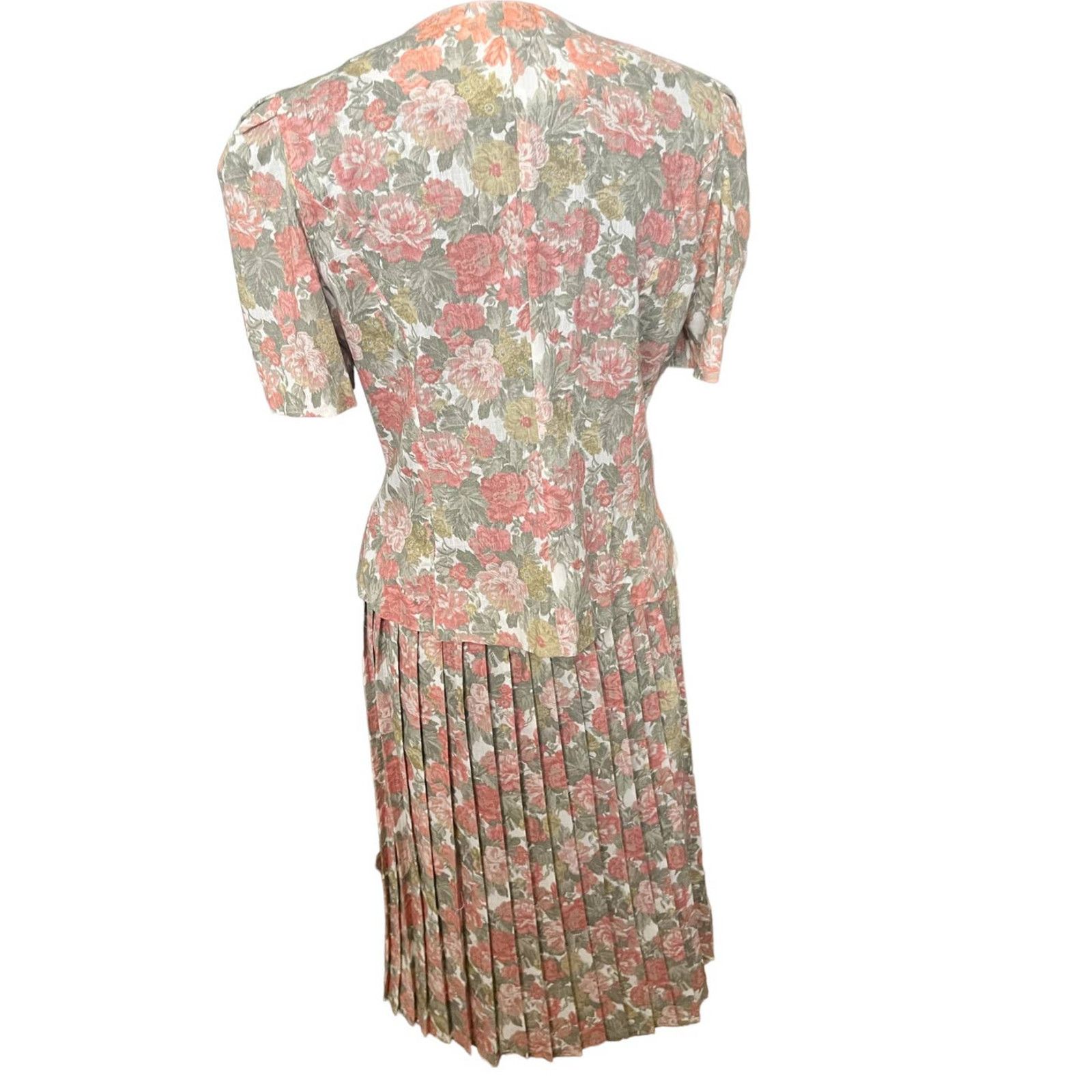 Vintage Vintage 80s Pink White Floral Pleated Top Skirt Set 14 Large Size 36" / US 14 / IT 50 - 2 Thumbnail