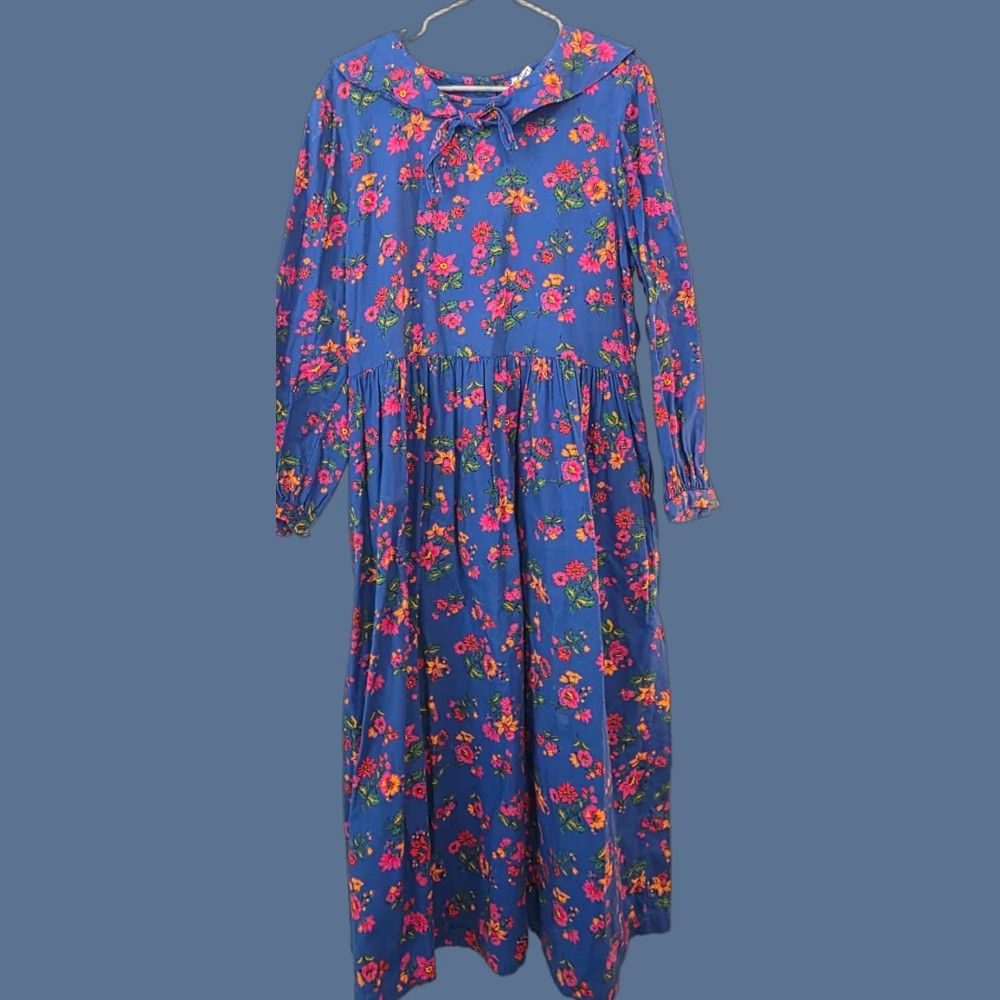 Hanna Andersson Floral Midi Dress Women's Large Blue Cotton Long Sleeve USA Made
