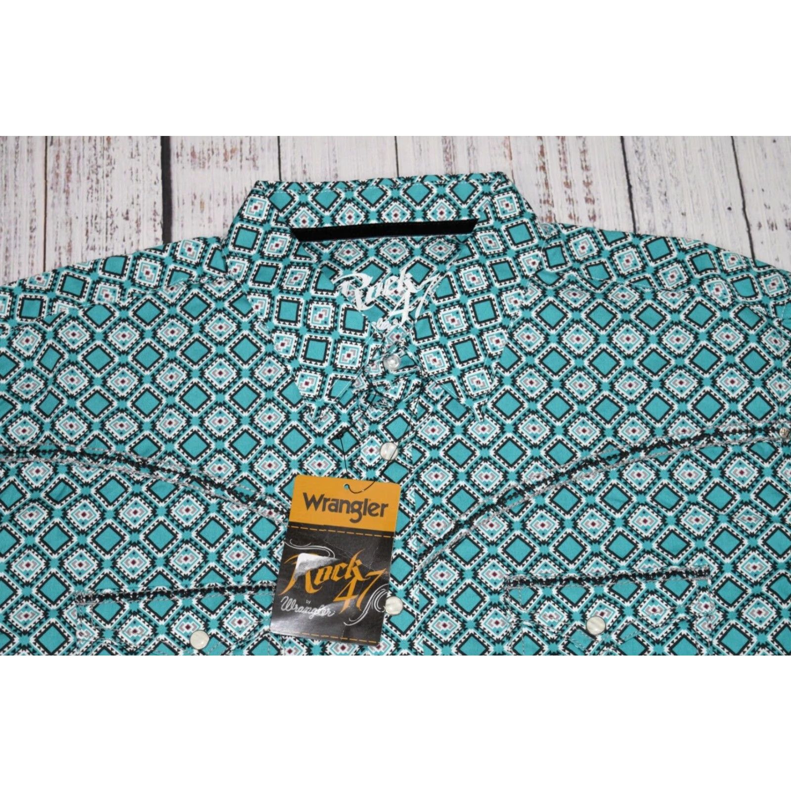 Wrangler WRANGLER ROCK 47 GEO PRINT Button-Up Shirt XL Teal Mens Cowboy Western Snap Size US XL / EU 56 / 4 - 2 Thumbnail