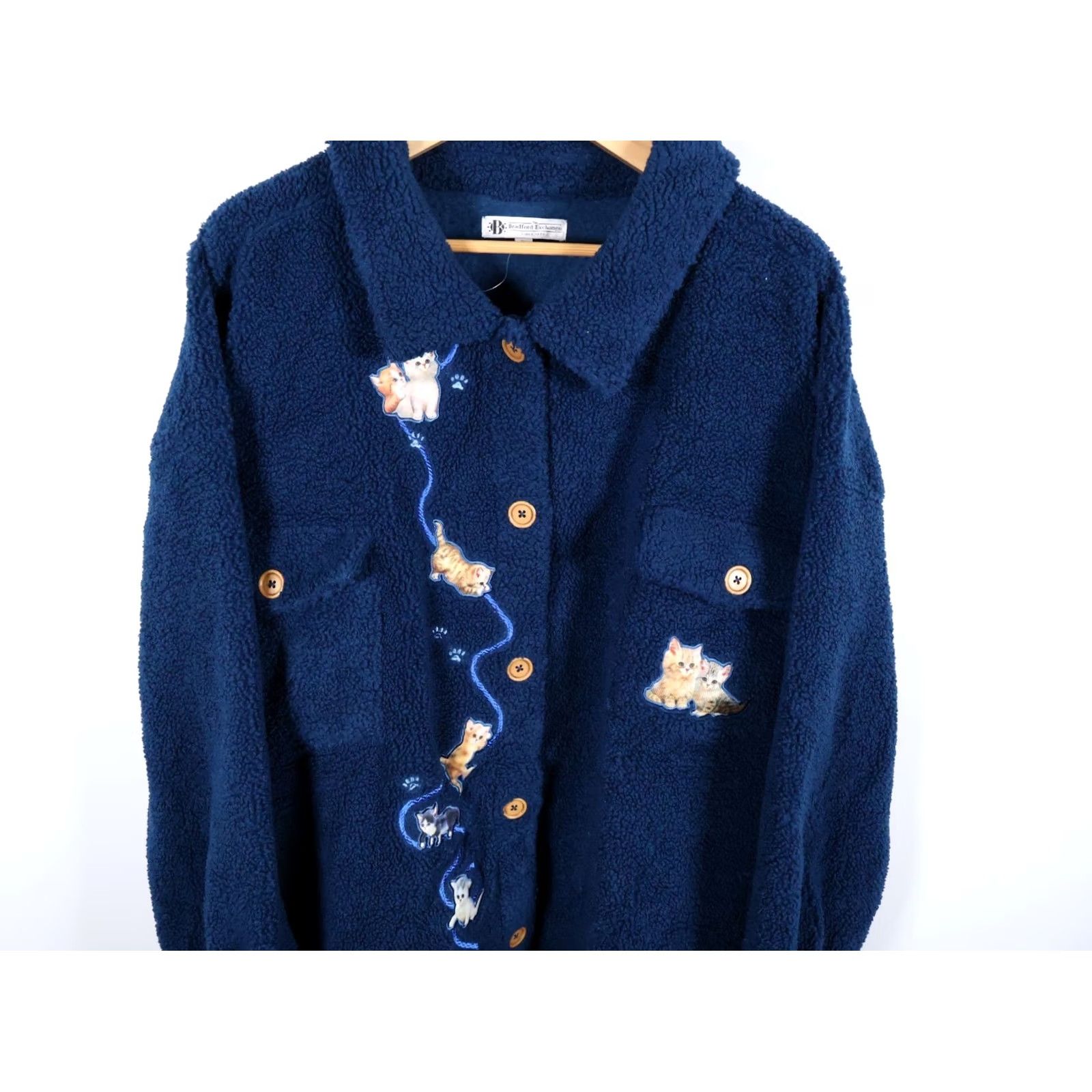 Vintage Bradford Exchange Women's Jacket 2X Blue Fleece Jurgen Scholz Cats Kitten Embroidered Unlined Pockets Button Front Regular Wool? Size XXL / US 16-18 / IT 52-54 - 4 Thumbnail