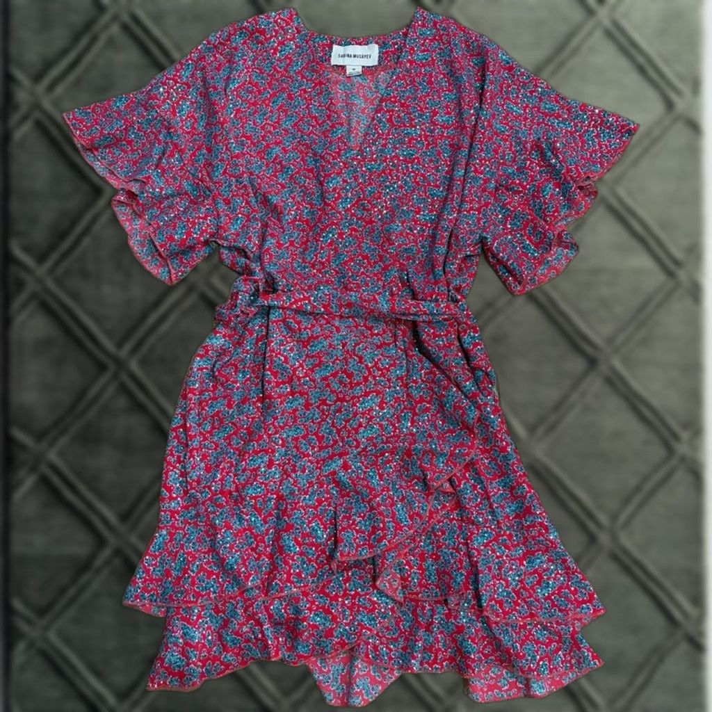 Sabina Musayev Liri Dress Ruffle Pink Print Faux Wrap Metallic Dot Size M Womens Short A-Line Dress