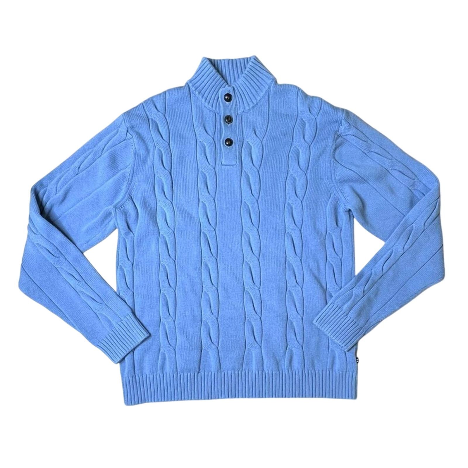 Chaps Button Mock Neck Cable Knit Blue Henley Sweater XXL