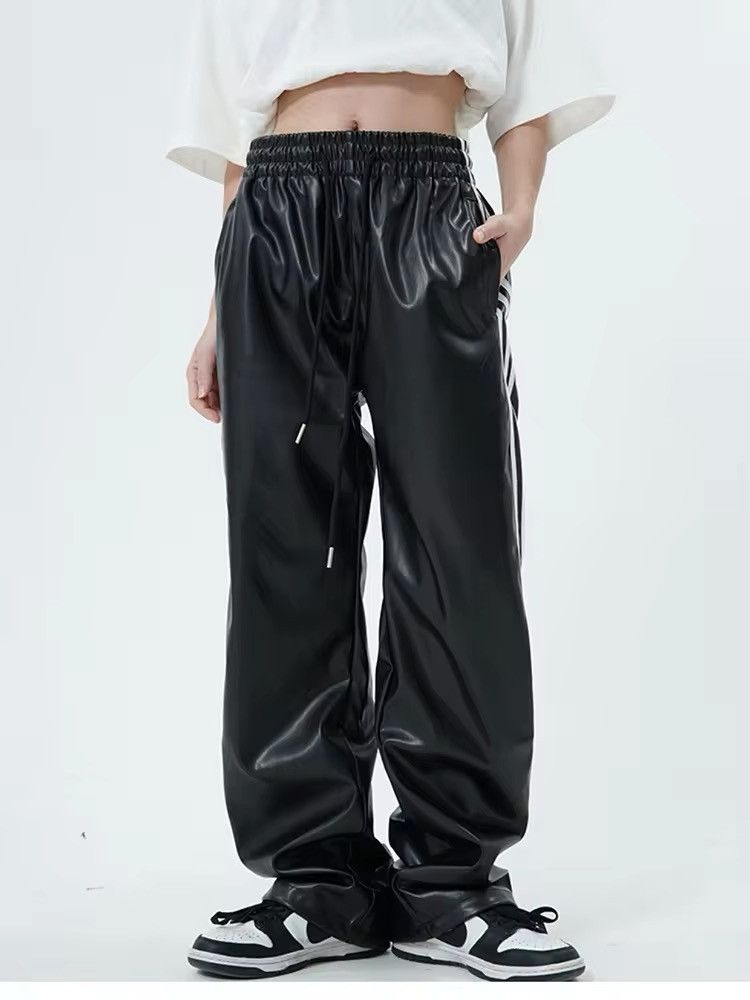 Japanese Brand Elastic Waist Black Soft Pu Leather Sweatpant Size 31" - 2 Thumbnail