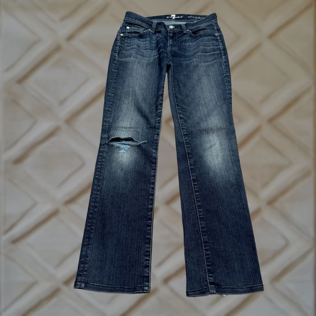 7 For All Mankind 7 For All Mankind Jeans Distressed Straight Leg Denim Dark Wash Womens 29 Blue 5-Pocket Regular Stretch Casual Size 29" - 1 Thumbnail