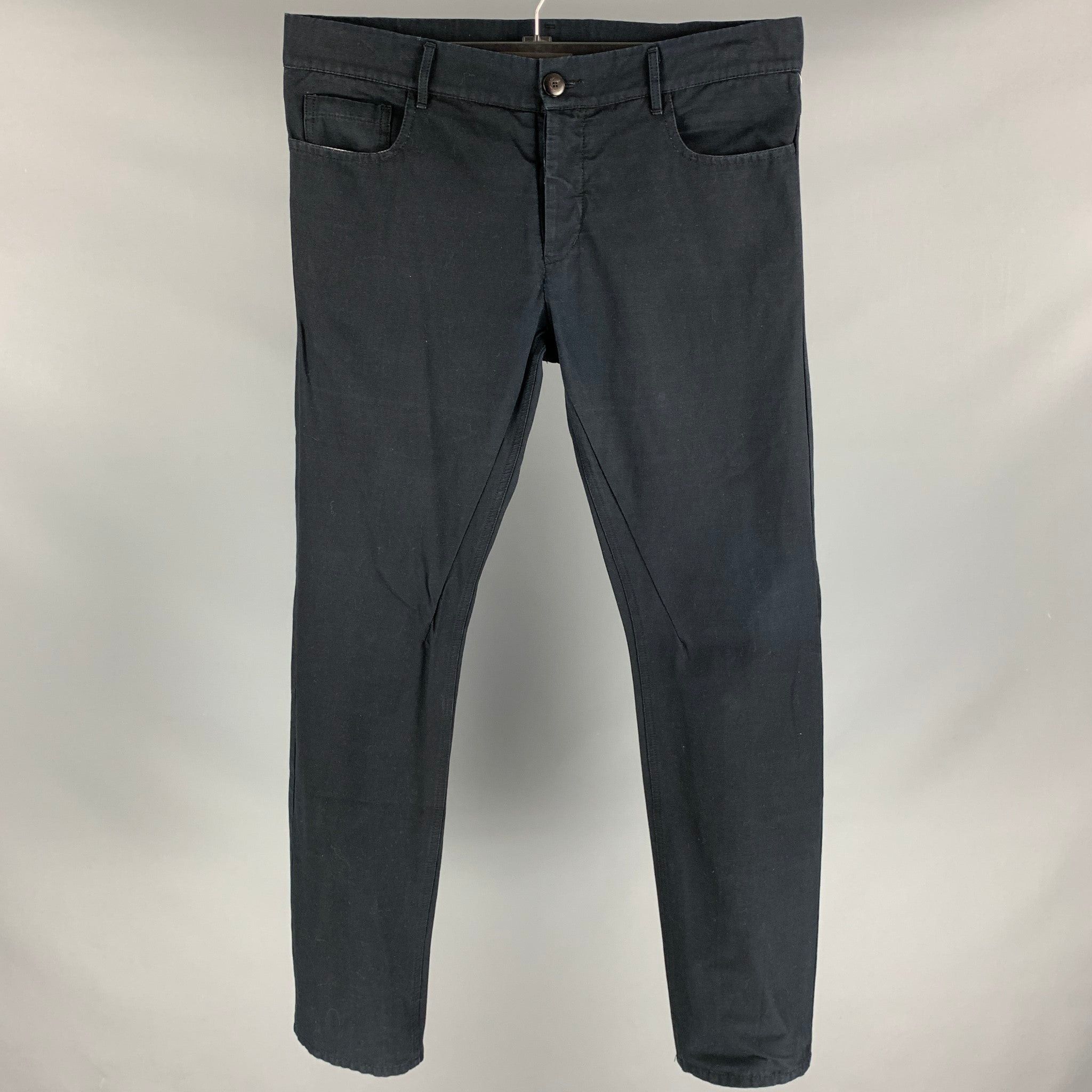 image of Rick Owens Black Textured Cotton Button Fly Casual Pants, Men's (Size 36)