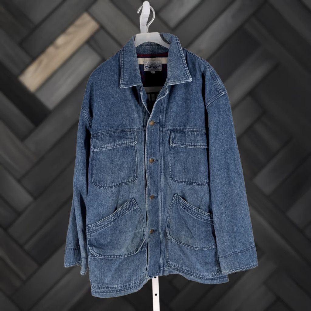 Perry Ellis Perry Ellis America Denim Barn Coat L Vintage 90s Mens Blue Denim Flannel Lining Southwest Aztec Pattern Barn Coat Workwear Casual Travel Long Coat Size US L / EU 52-54 / 3 - 1 Thumbnail