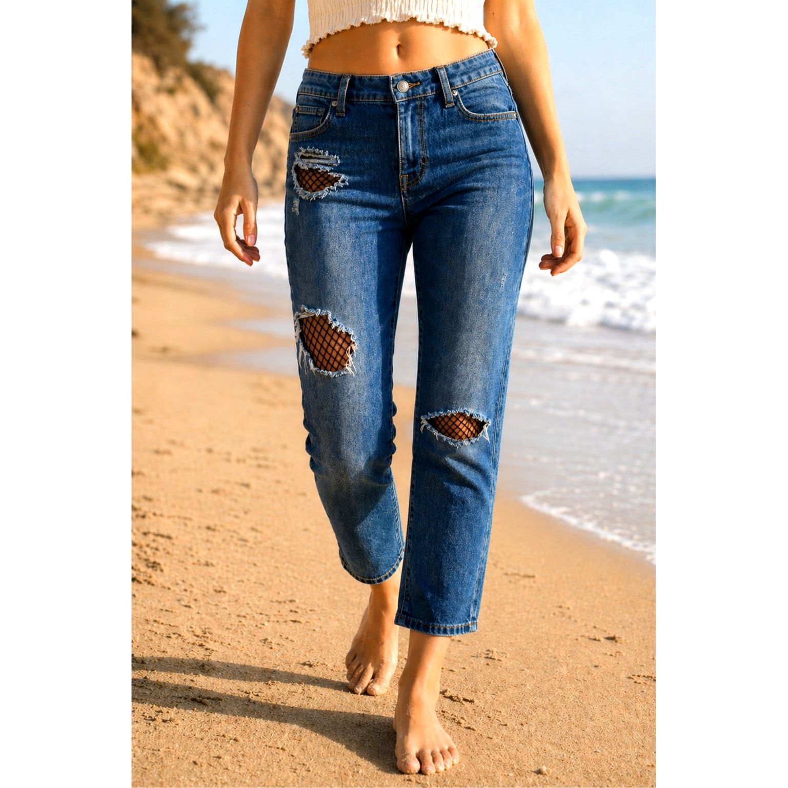 Free People Free People Fishnet-Inlet Skinny Jeans Tupelo Blue 25 Size 25" / US 0 / IT 36 - 1 Thumbnail