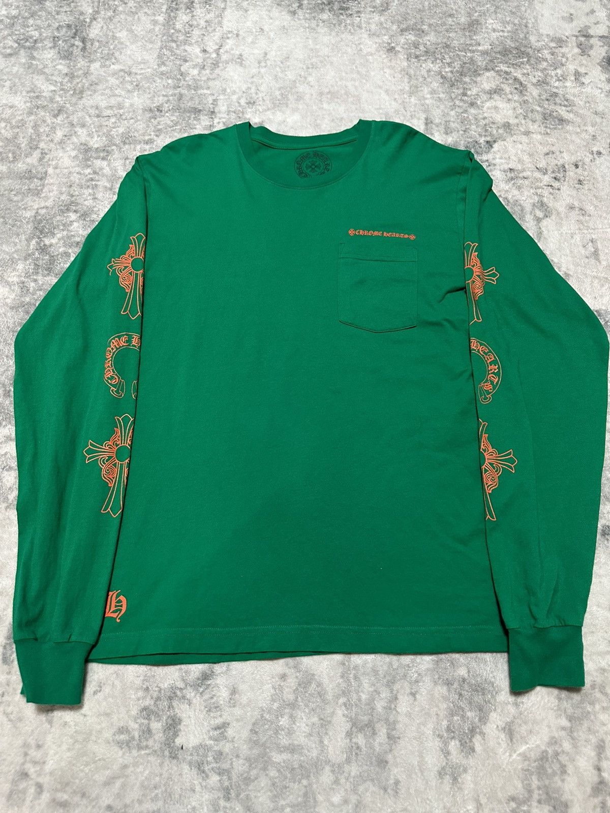 image of Chrome Hearts Orange Horseshoe Green Long Sleeve Tee, Men's (Size Large)