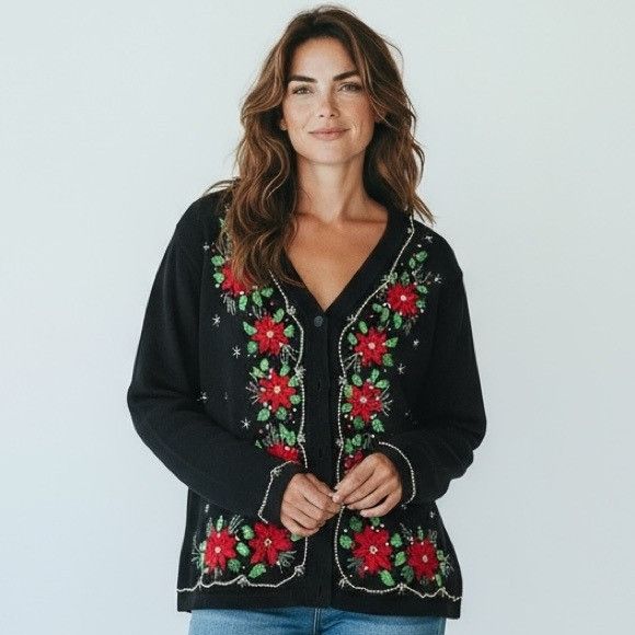 Vintage Vintage Christmas Beaded Black Cardigan with Red Floral Embr Size L / US 10 / IT 46 - 1 Thumbnail