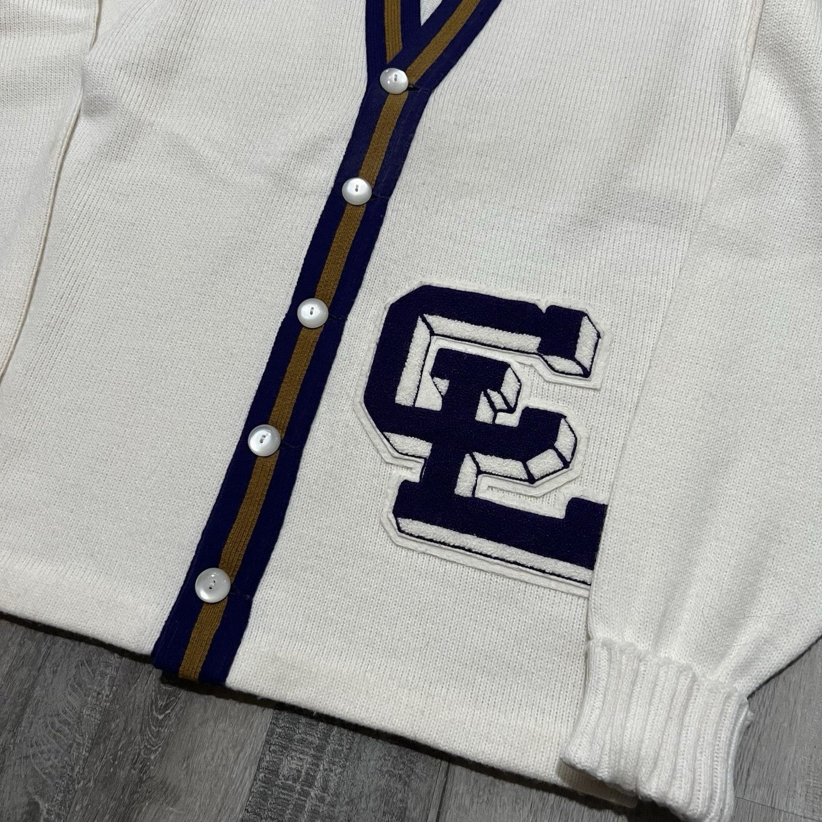 Bristol Studios VTG 70s Bristol Products Varsity Knit Sweater White Cardigan Size US L / EU 52-54 / 3 - 3 Thumbnail
