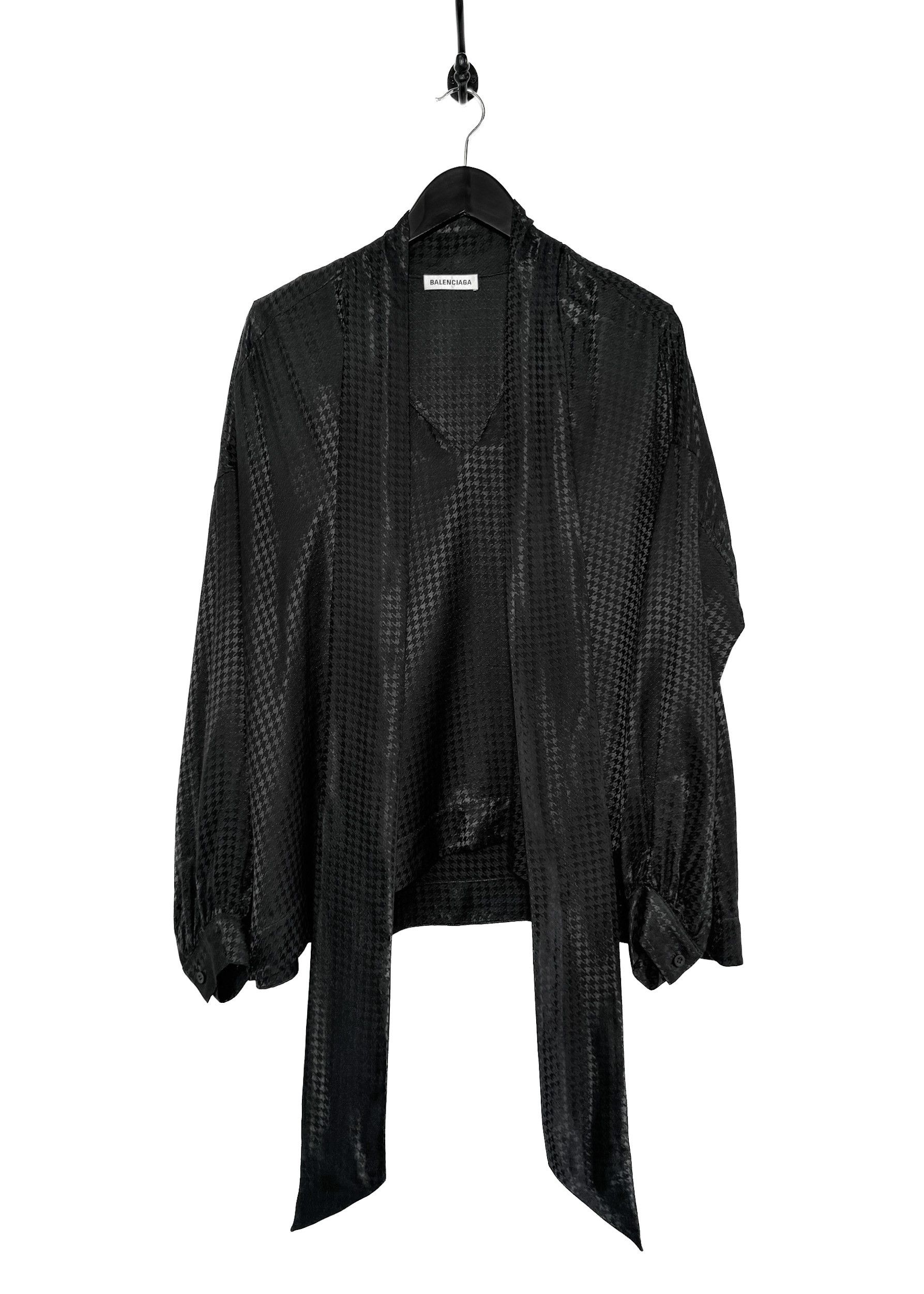 Balenciaga Balenciaga 2020 Black Satin Houndstooth Tie Neck Bow Blouse Size S / US 4 / IT 40 - 3 Thumbnail