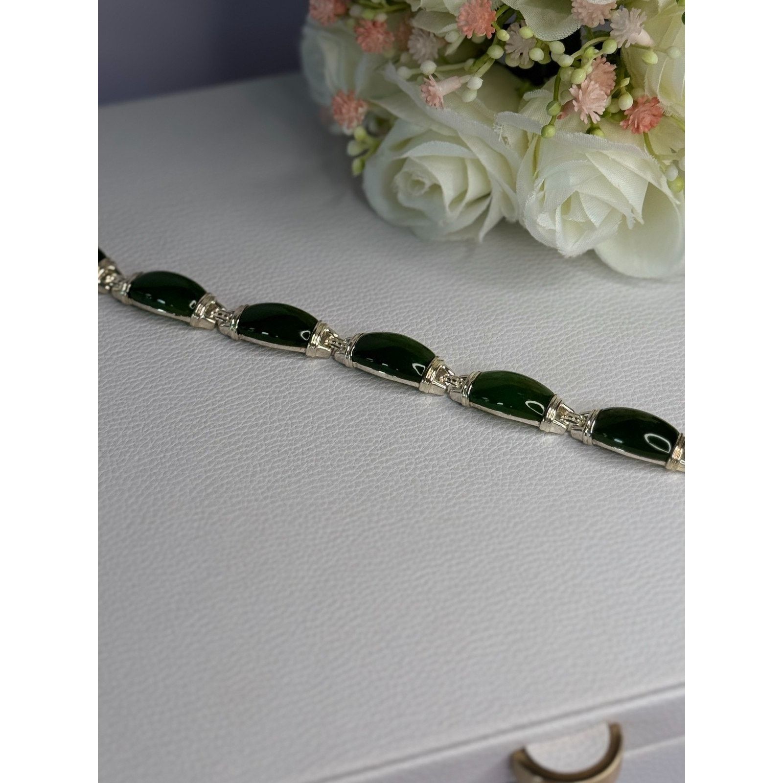 Jewelry 925 STERLING SILVER GREEN NEPHRITE BRACELET LENGTH 7.5 Size ONE SIZE - 4 Thumbnail