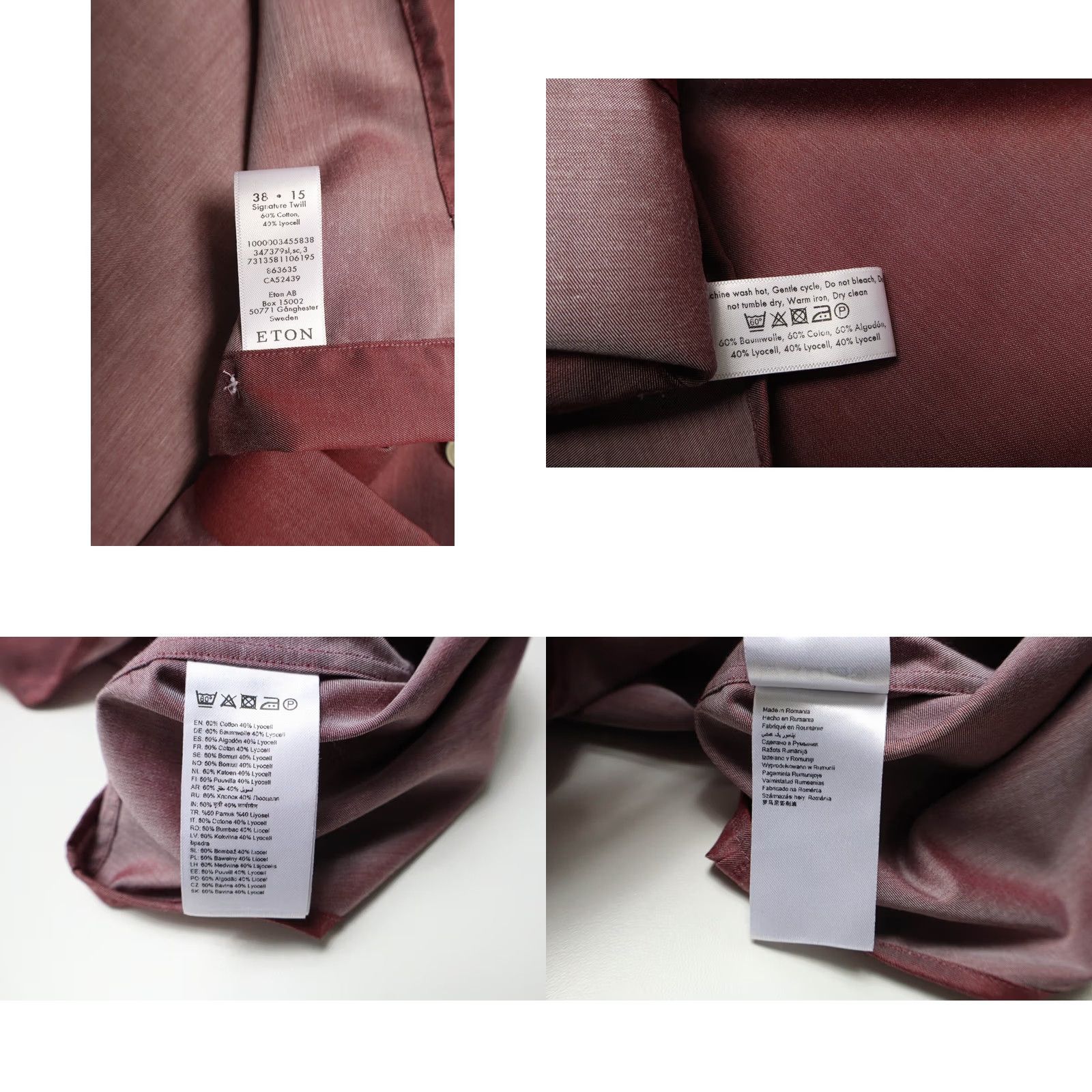 Eton ETON Signature Twill Slim Formal Shirt Men's 38/15 Burgundy Dress Shirt Long Sleeve Spread Collar Button Up Shafts Slim Fit Size 38R - 8 Thumbnail