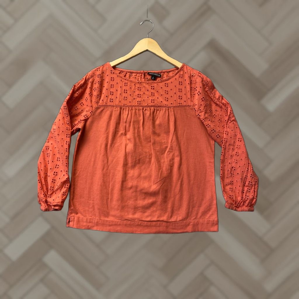 J.Crew VINTAGE? No — J.CREW MERCANTILE Linen Blend Eyelet Top Women S Shirt Tunic Long Sleeve Orange Eyelet Casual Business 160-13 Size S / US 4 / IT 40 - 1 Thumbnail