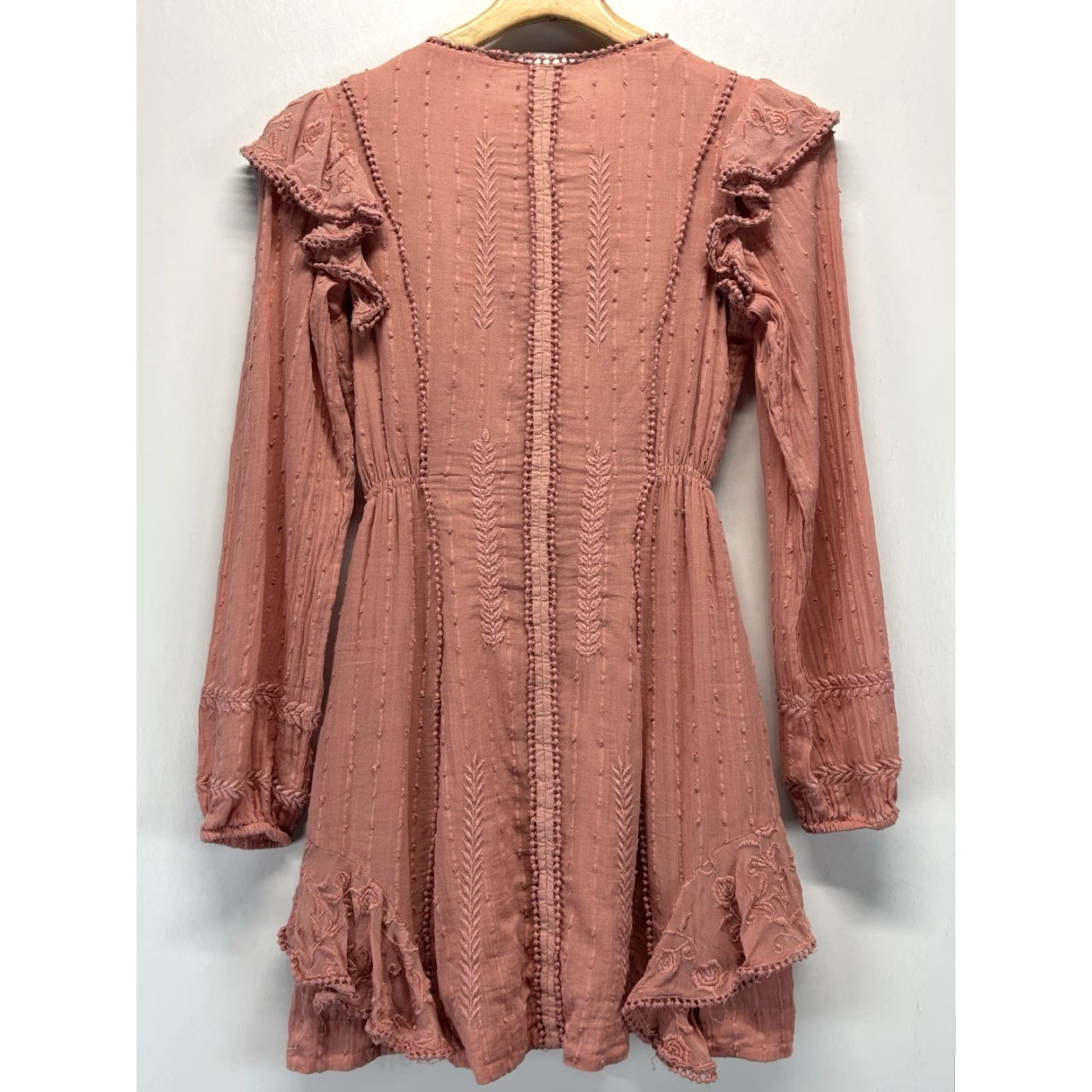 Free People VINTAGE Free People Isabella Mini Dress Sz 0 Pink Embroidered Long Sleeve Floral Bohemian Womens Size XS / US 0-2 / IT 36-38 - 3 Thumbnail