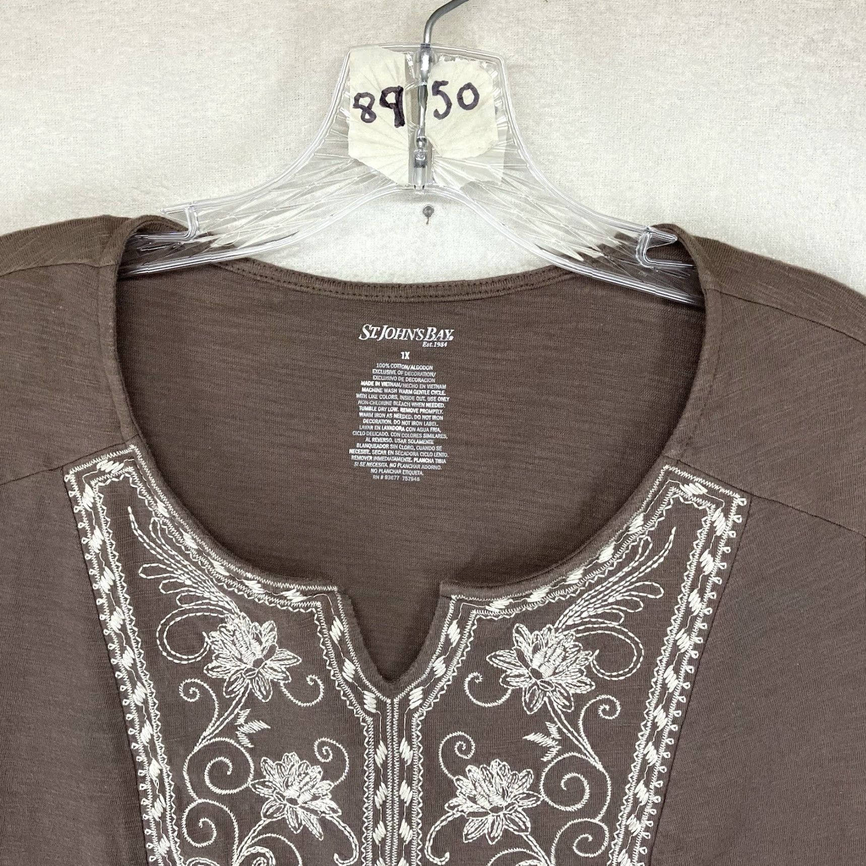 Vintage St. John's Bay Women's T-Shirt 1X Brown Embroidered Daisy Knit Top 100% Cotton Short Sleeve Pullover All Seasons Womens Size XL / US 12-14 / IT 48-50 - 5 Thumbnail