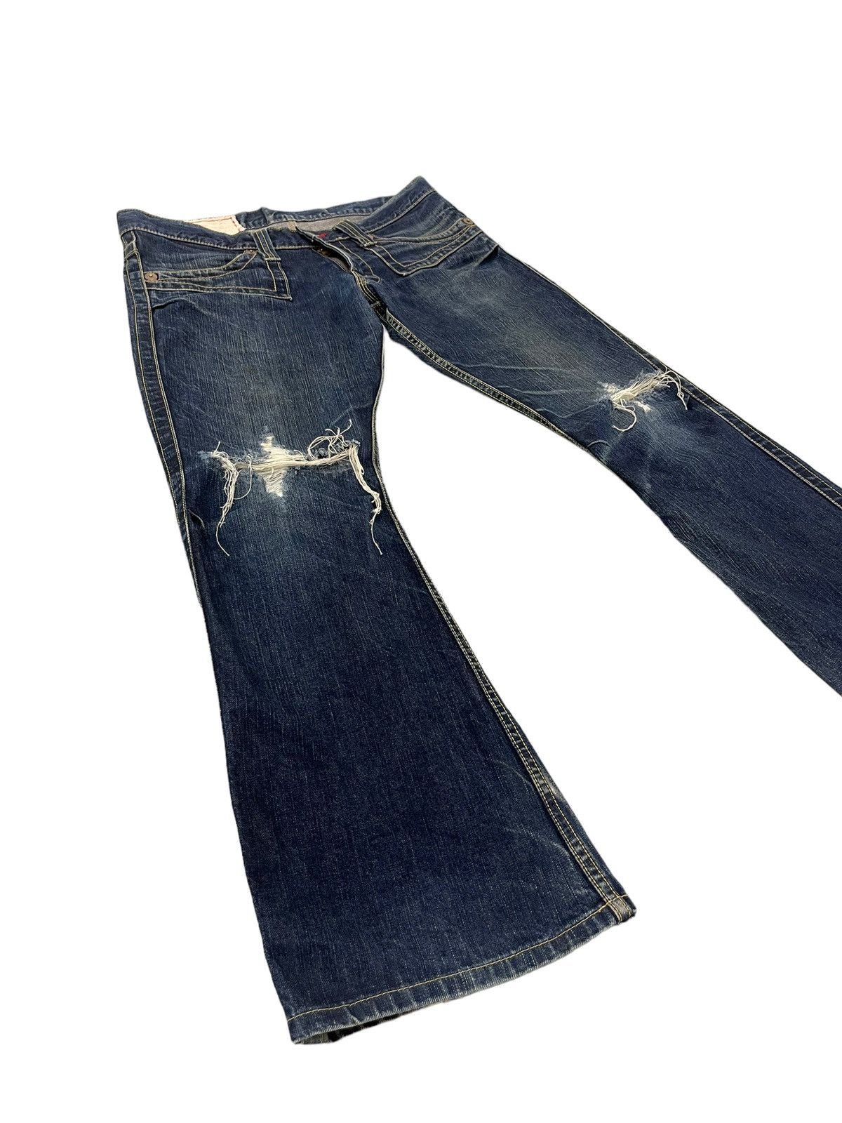 Japanese Brand Flare Jeans Blue Way Japan Faded Distress Low Rise 8🟦3 Size US 35 - 1 Thumbnail