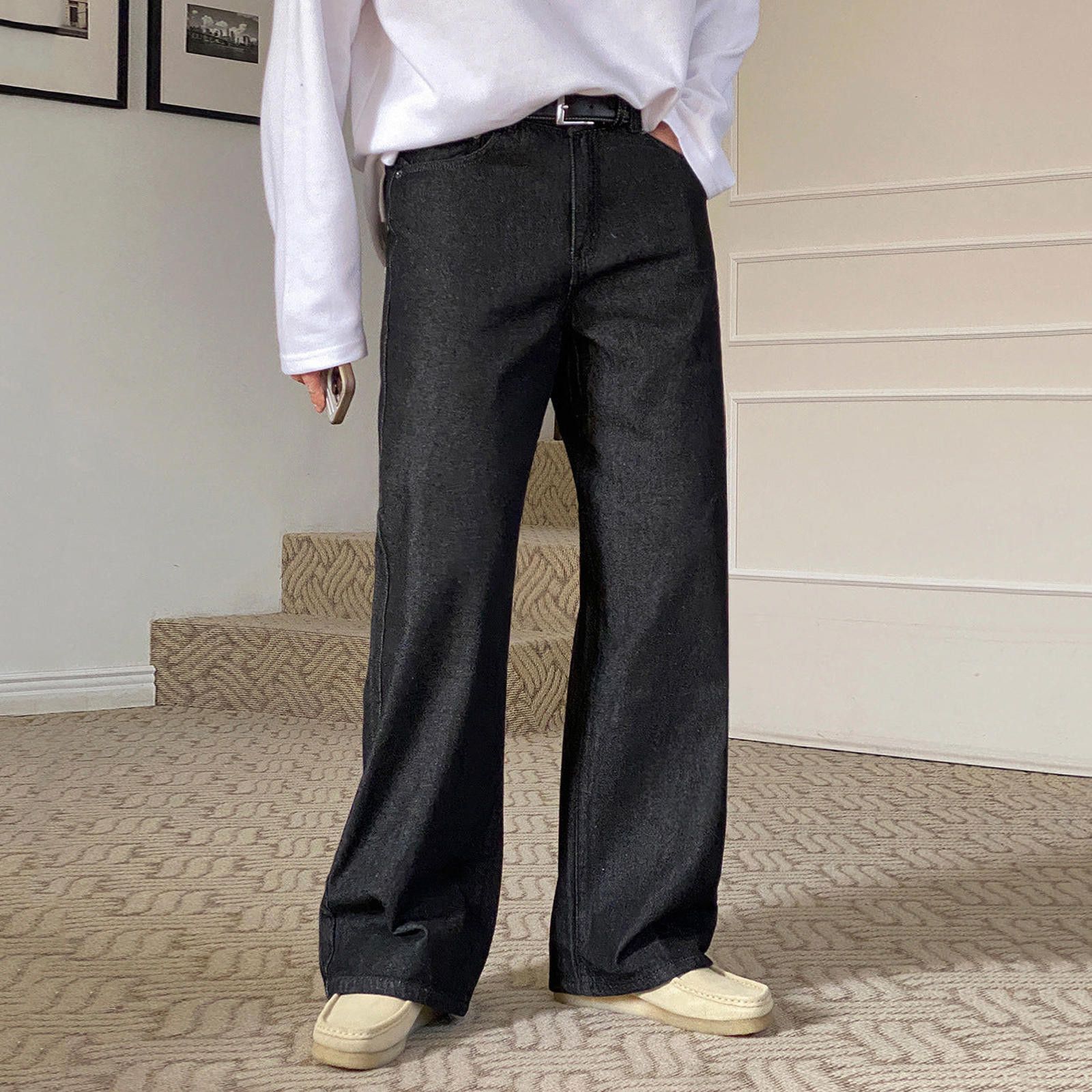 Black Wide Leg Denim Jeans Loose Fit Men's Pants