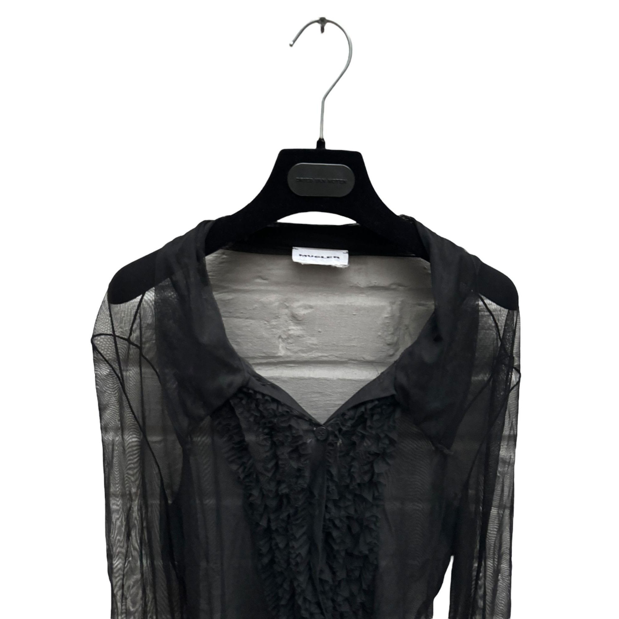 Mugler Black Ruffled Mesh Nylon Shirt Size S / US 4 / IT 40 - 2 Thumbnail