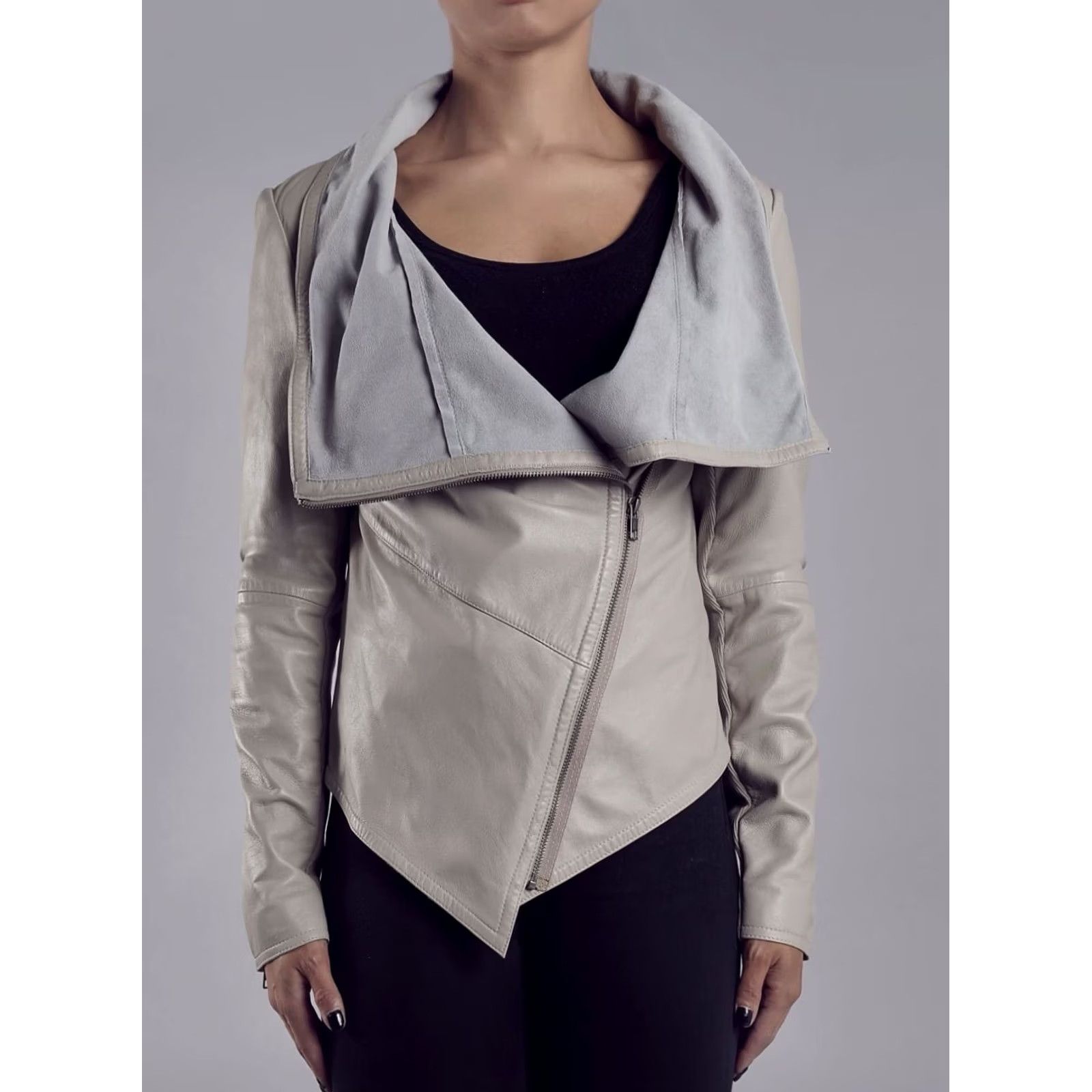 Muubaa Muubaa Jacket Women’s Size 2 Beige Leather Moto Biker Sabina Drizzle Drape Cardi Motorcycle Classic Size XS / US 0-2 / IT 36-38 - 2 Thumbnail