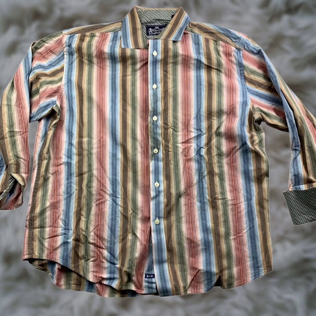 Vintage R&G Men's Cotton Dress Shirt XL Blue/Brown/Red/Green Stripe Flip Cuff Size 46R - 1 Thumbnail