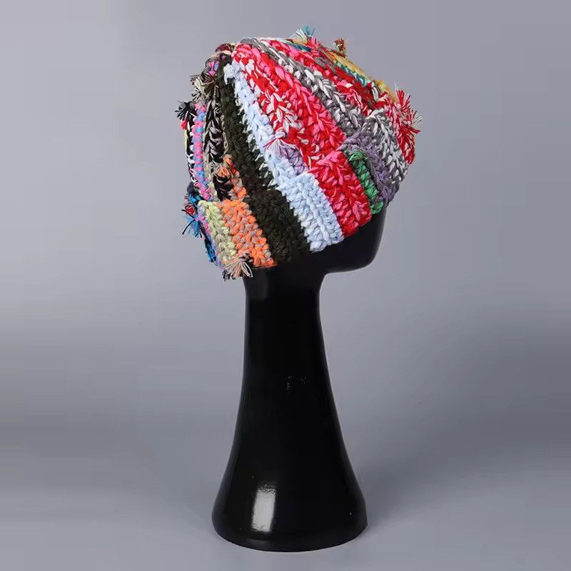 Handmade Multi-strand Twist Mixed Color Knitted Wool Beanie Hat Size ONE SIZE - 9 Thumbnail