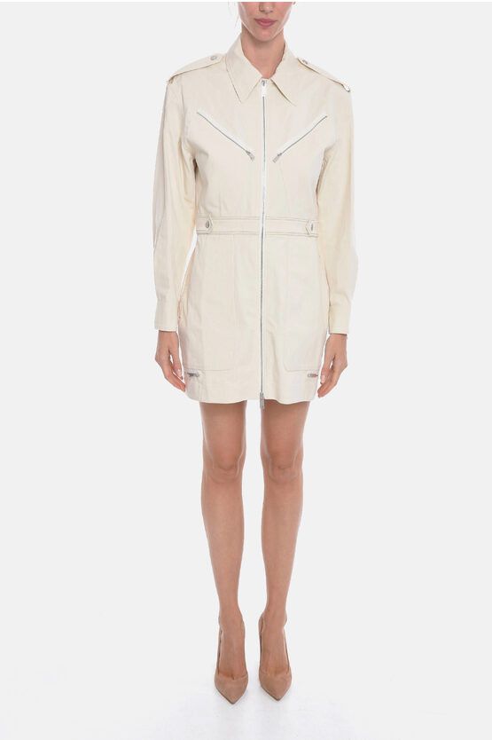 image of Victoria Beckham Compact-Cotton Midi Dress With Front Zip in White, Women's (Size Medium)