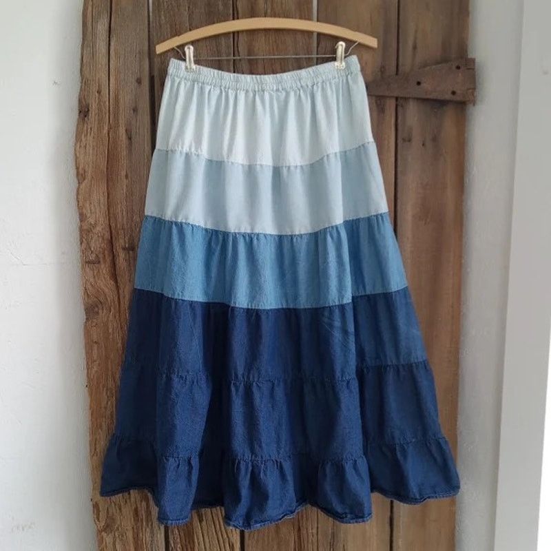 Other Y2K New Direction Tiered Jean Denim Skirt Long Boho Blue LG Size 36" / US 14 / IT 50 - 5 Thumbnail