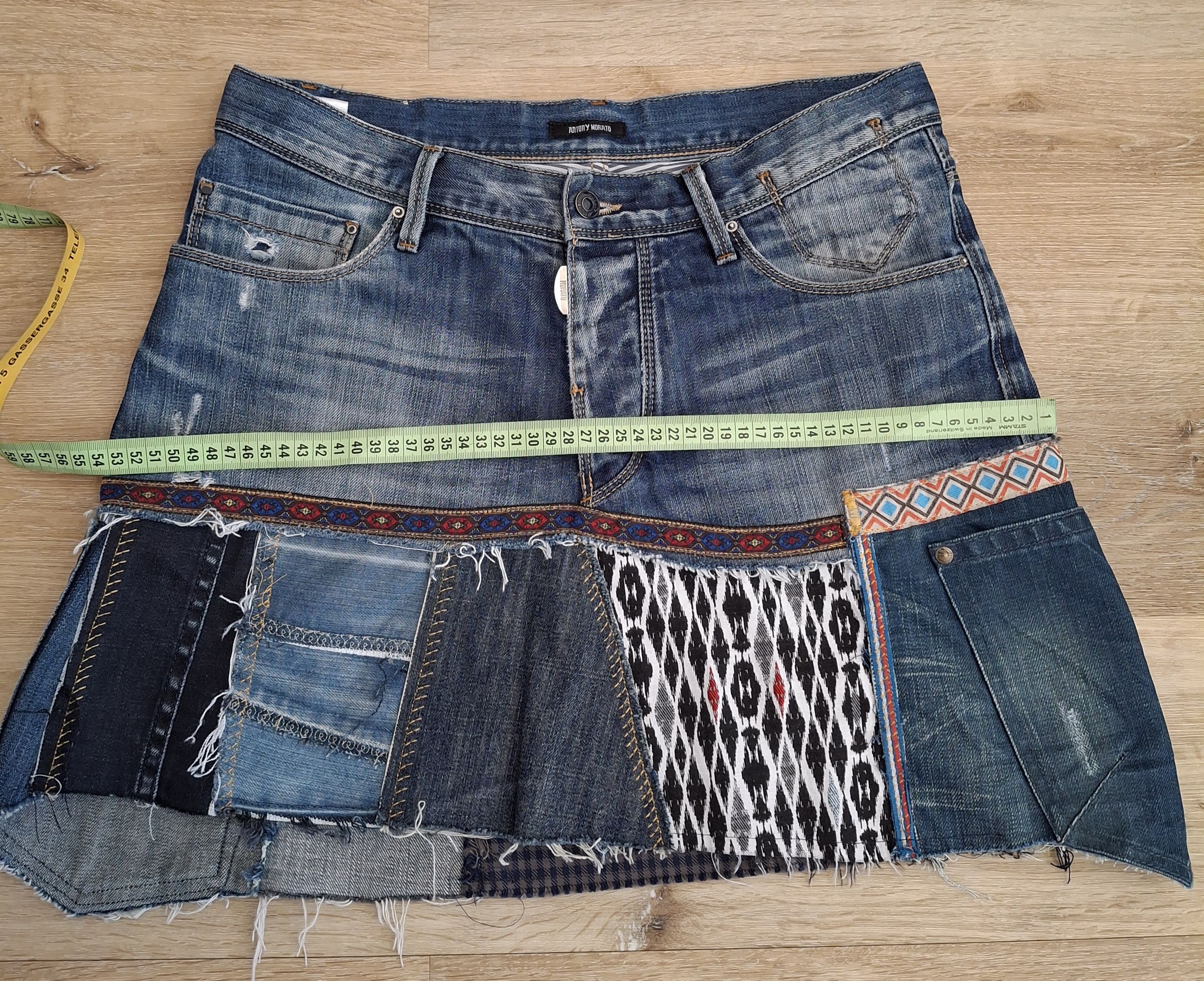 Handmade Custom Deconstructed 2000s Italian Denim Mini Skirt Size 33" - 13 Thumbnail