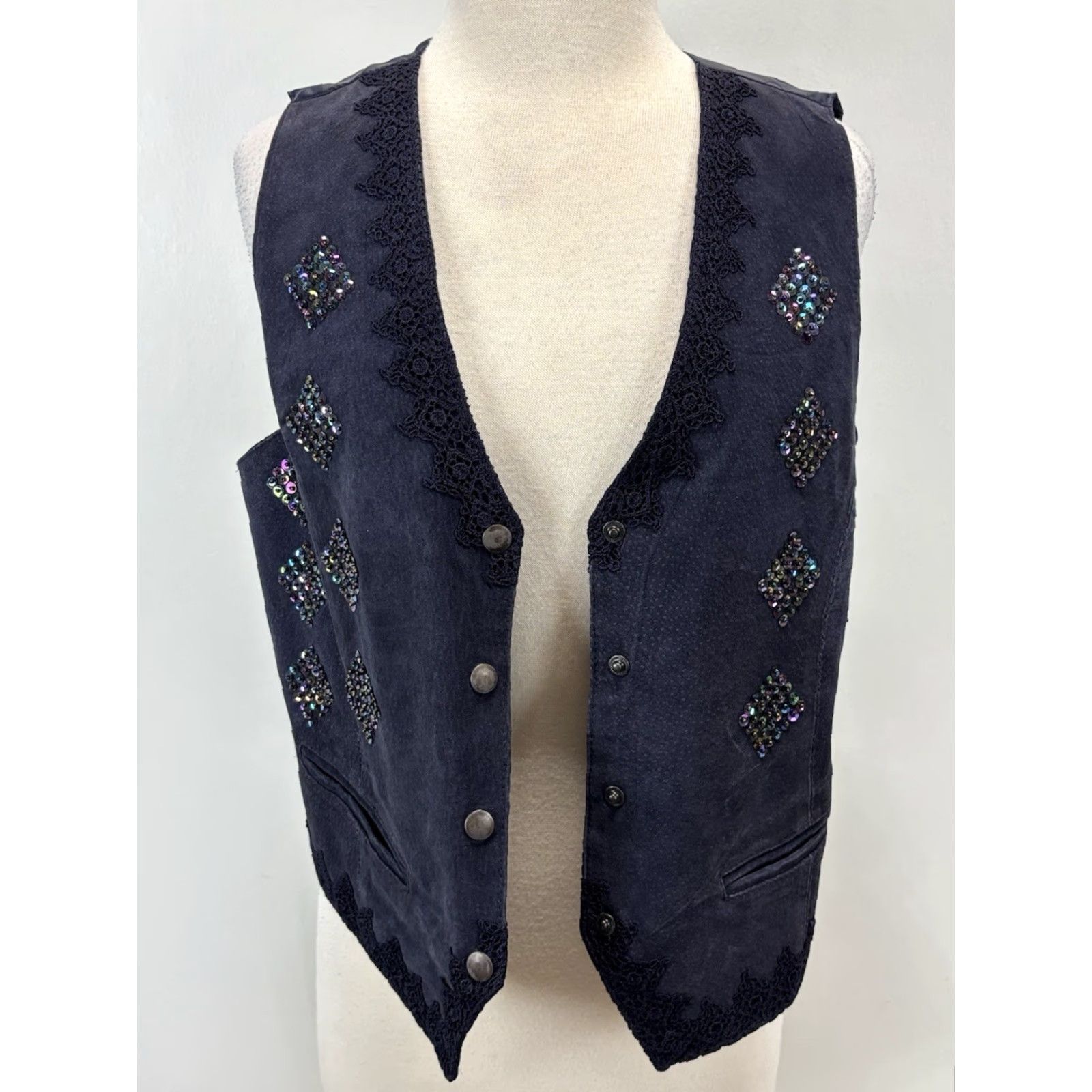 Vintage VINTAGE Willow New York Leather Vest Medium Blue Sequins Bohemian Womens Size M / US 6-8 / IT 42-44 - 4 Thumbnail