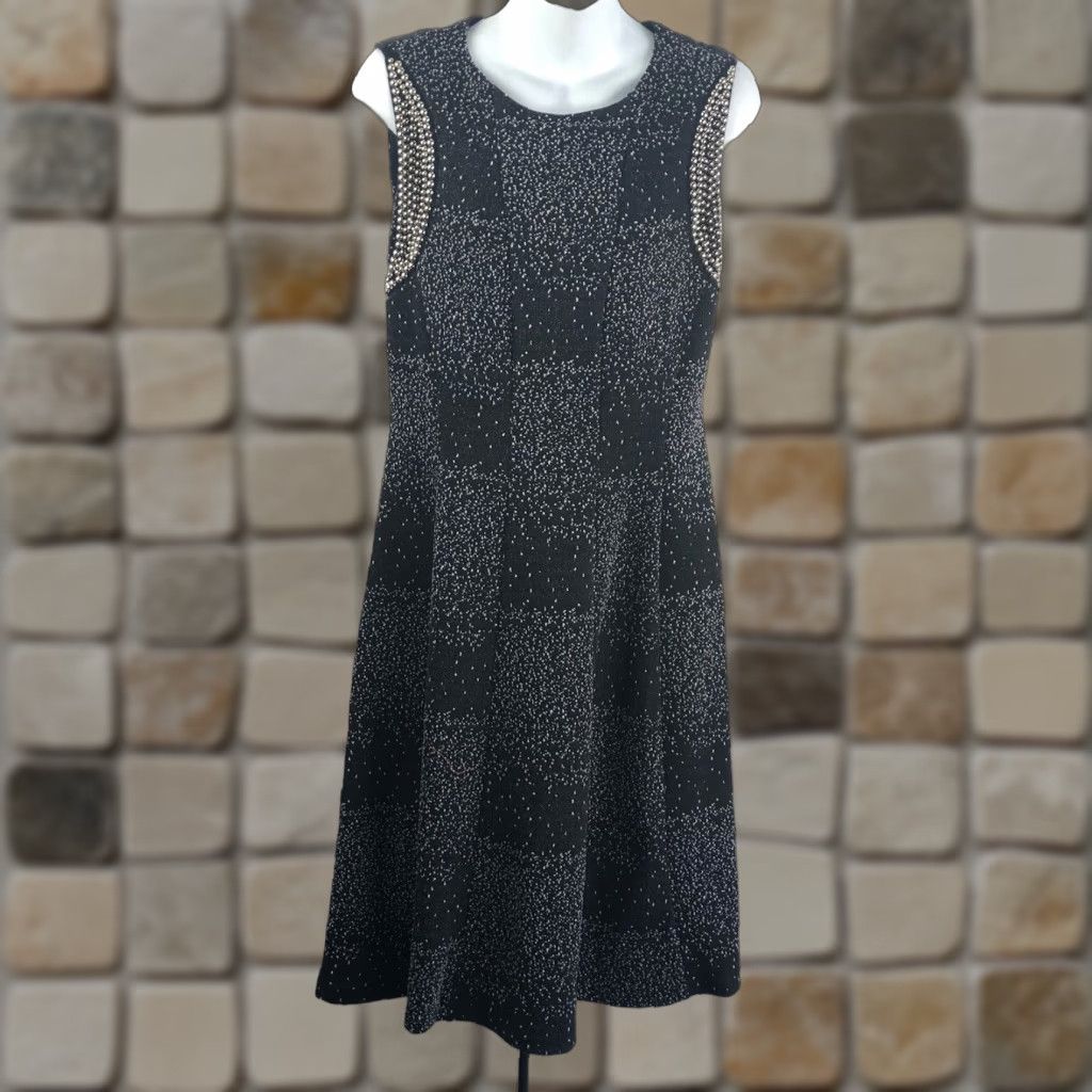 Vintage NWT Linea Domani Ltd Sleeveless Fit & Flare Dress 8 Blk Midi Bead Boat Neck Knit Size M / US 6-8 / IT 42-44 - 1 Thumbnail
