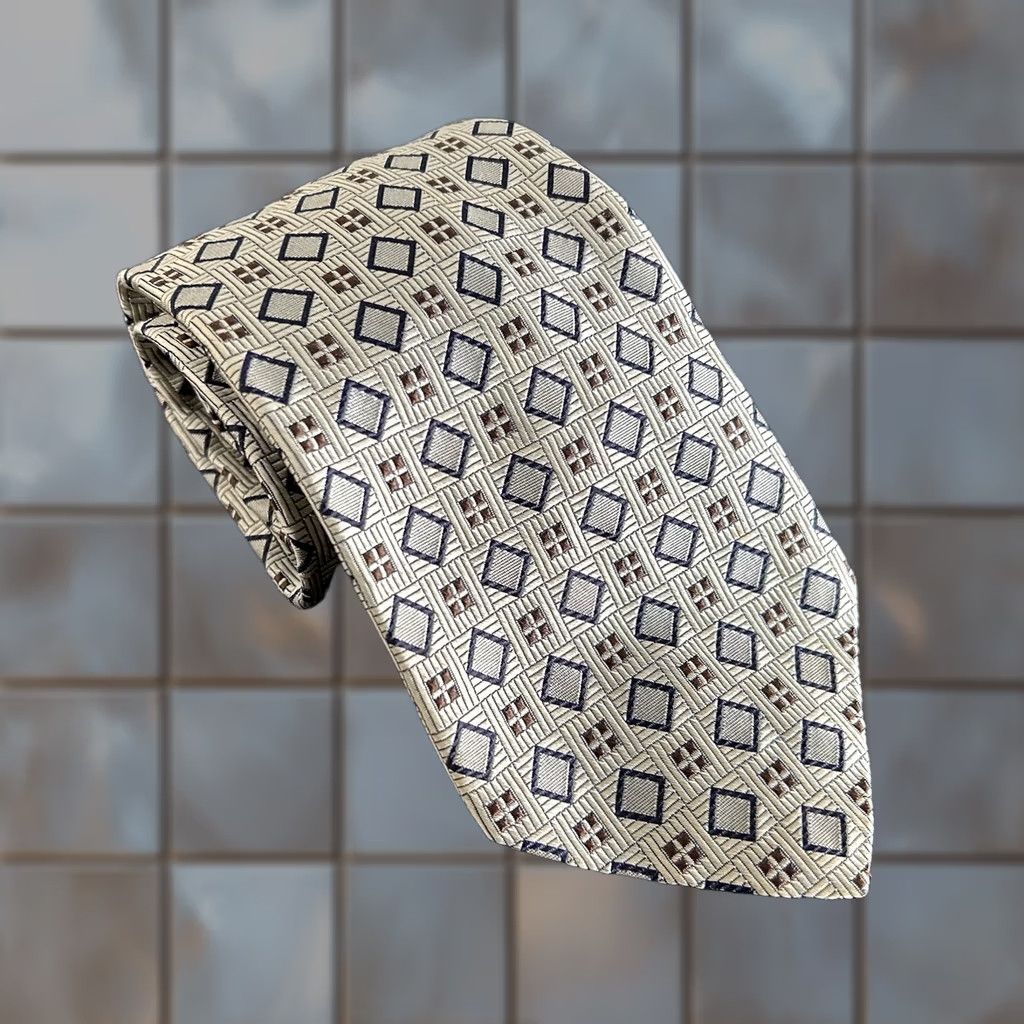 Faconnable Façonnable Necktie Geometric Ivory Brown 100% Silk Made in France 3 3/4 x 59 1/4 Size ONE SIZE - 1 Thumbnail