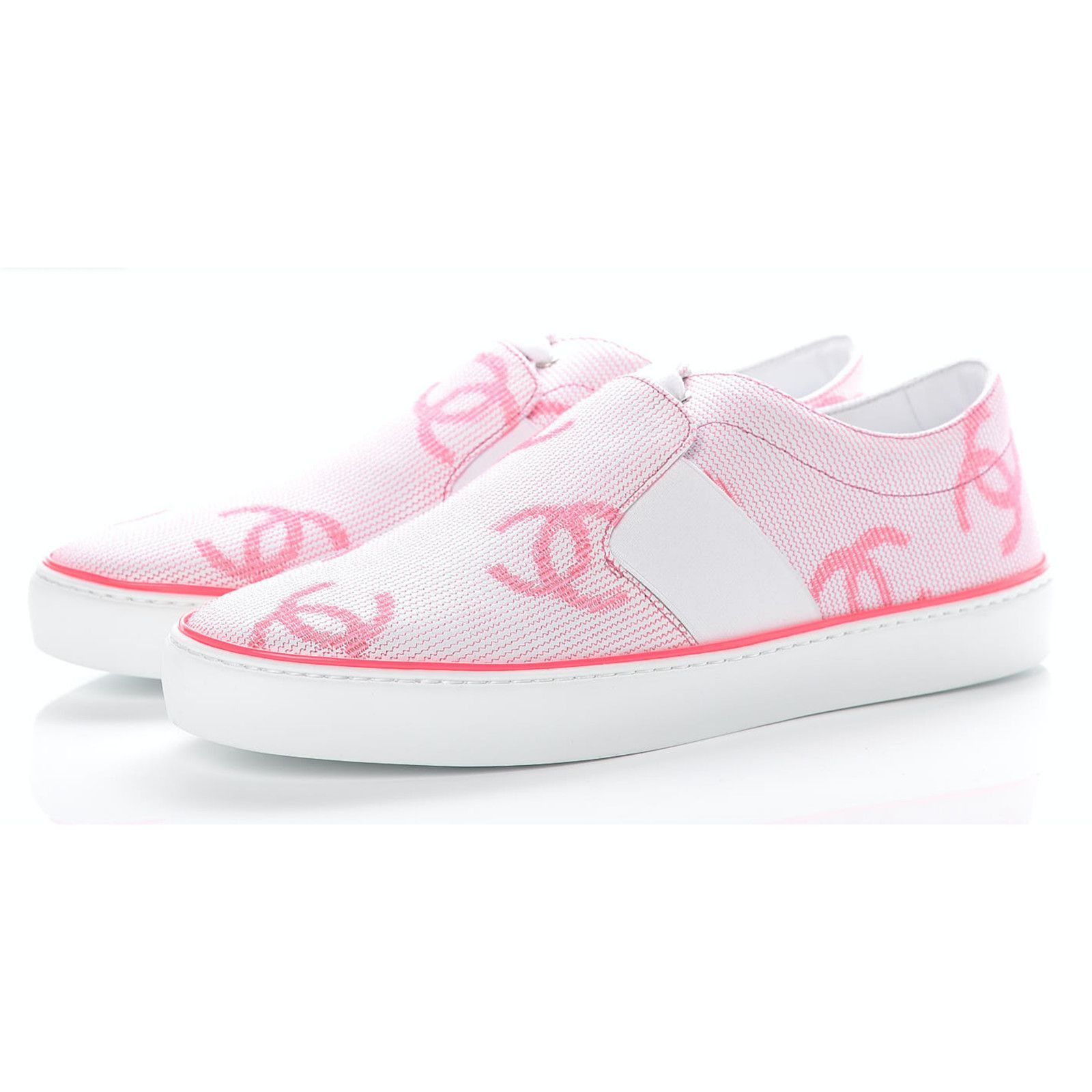 Chanel 18P Neon Pink White CC Slip On Lace Up Sneaker 39.5