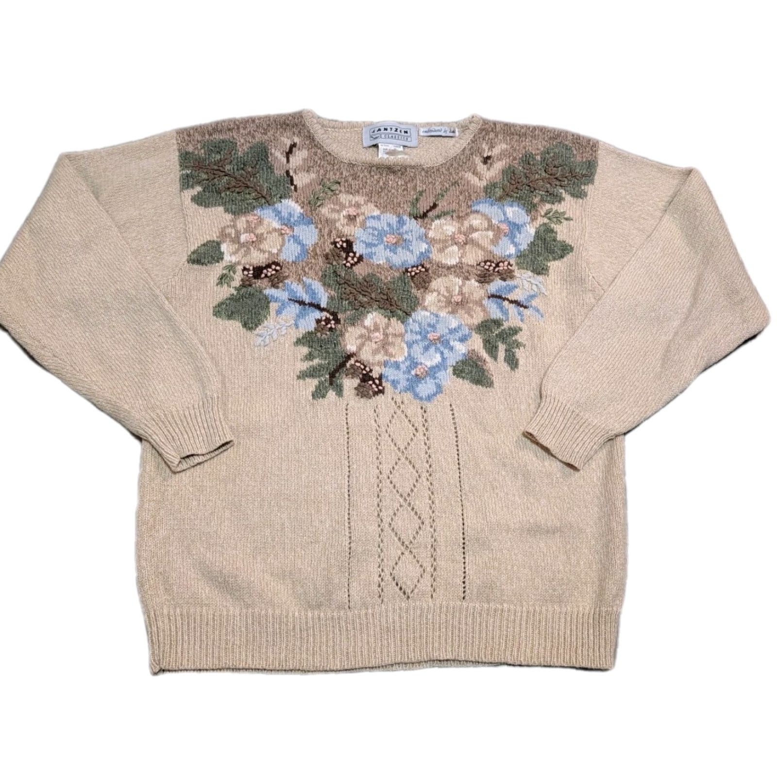 Jantzen VINTAGE Jantzen Sweater Womens M Beige Knit Crew Neck Floral Embroidered Raglan Long Sleeve Pullover Size M / US 6-8 / IT 42-44 - 2 Thumbnail