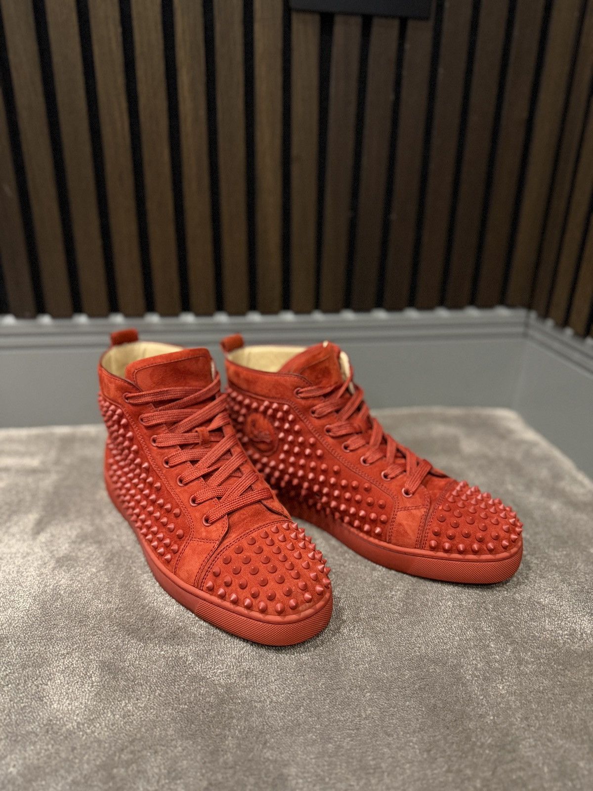 Christian Louboutin Christian Louboutin Red Suede Louis Spikes High Top Sneakers Size US 11 / EU 44 - 1 Thumbnail