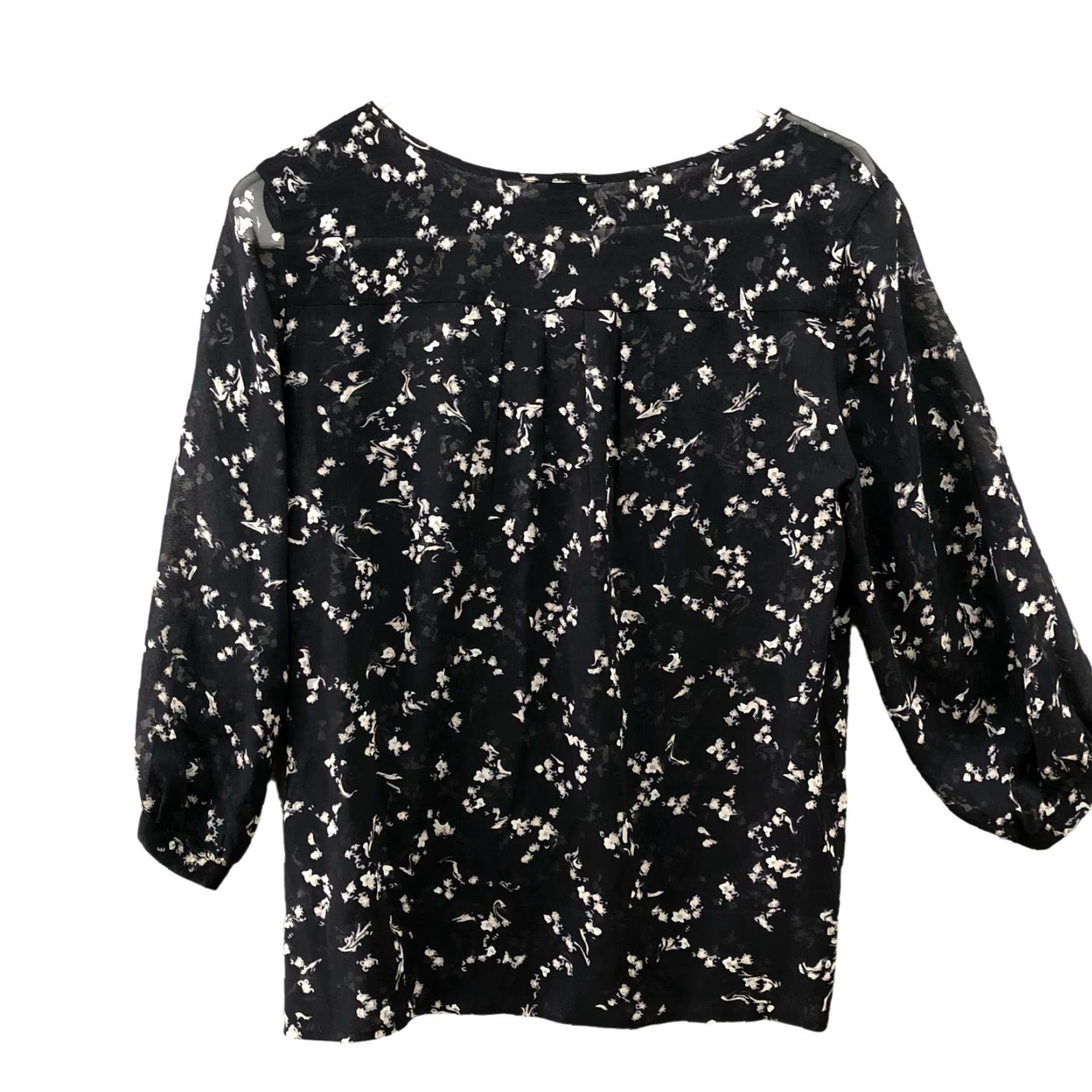 Club Monaco Club Monaco Women's XS Black Floral 100% Silk Popover Top 3/4 Sleeve Pintuck Blouse Size XS / US 0-2 / IT 36-38 - 2 Thumbnail