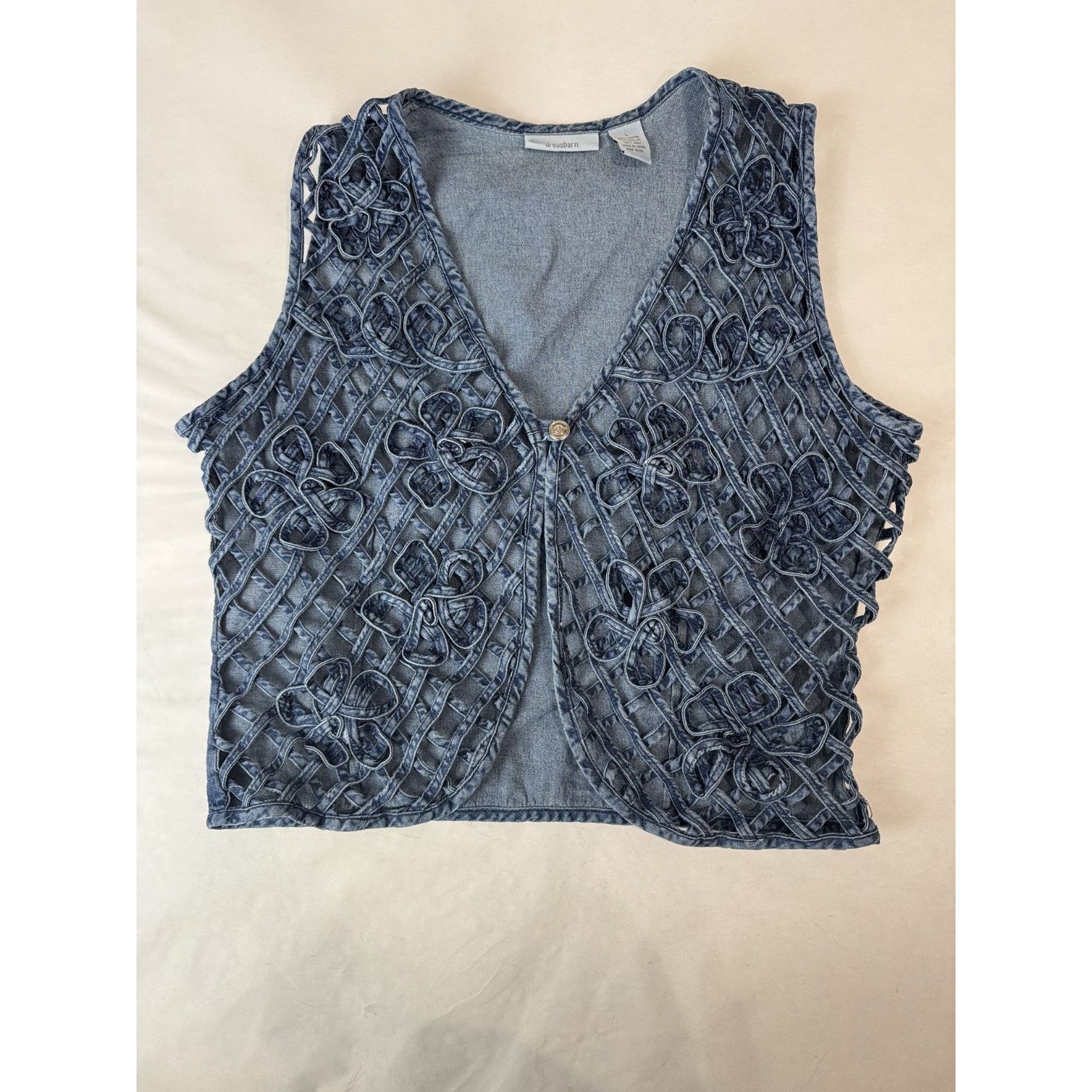 Other Vintage 90s Boho Denim Vest Floral Open Weave Crochet Large Size L / US 10 / IT 46 - 4 Thumbnail