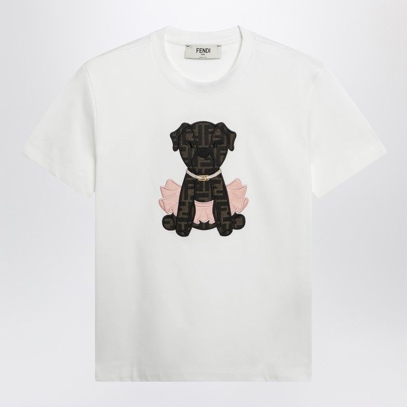 Fendi White T-Shirt With Small Dog And Ff Motif