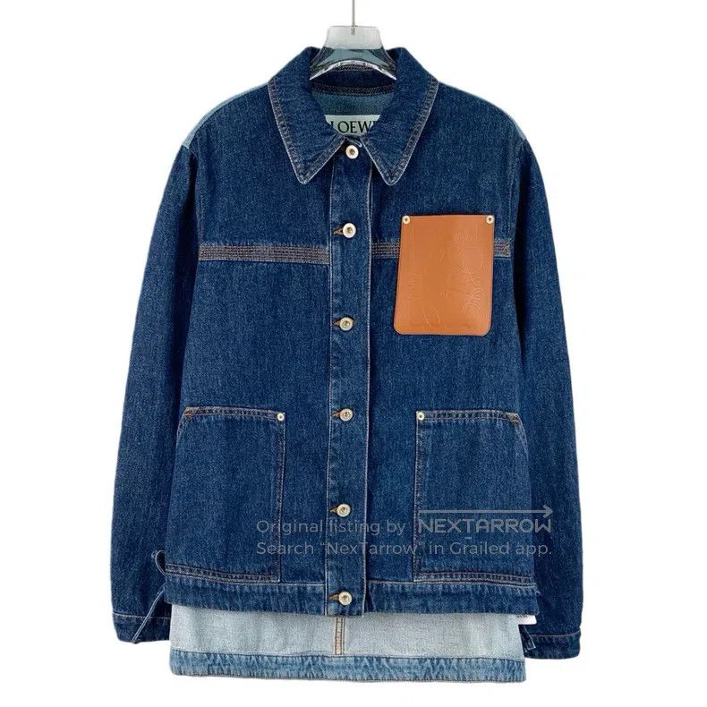 Loewe Dark Blue Leather Branding Cotton Collared Single-br