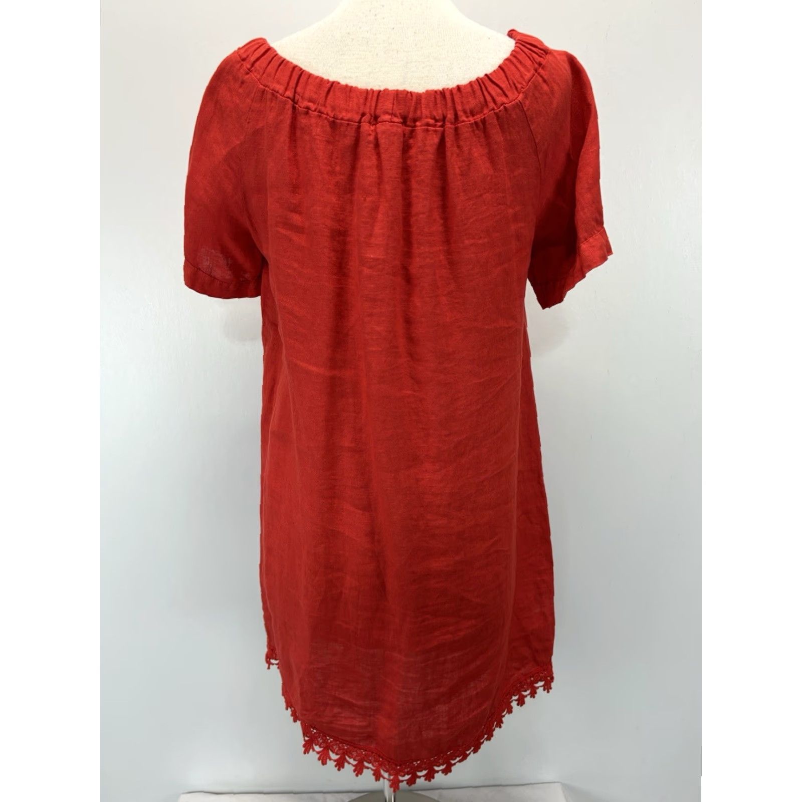 Vintage Lungo L’Arno Off The Shoulder Shift Dress Women M Red Linen Crochet Hem Italy - Bohemian Resort Summer Casual Dress Mens? Size M / US 6-8 / IT 42-44 - 3 Thumbnail