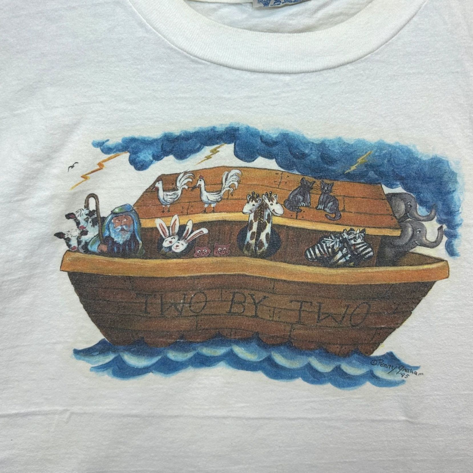 Hanes VINTAGE Hanes Men's White L Noah's Ark Graphic T-Shirt 100% Cotton 90s Ark Crew Neck Short Sleeve Tee Shirt Mens Size US L / EU 52-54 / 3 - 3 Thumbnail