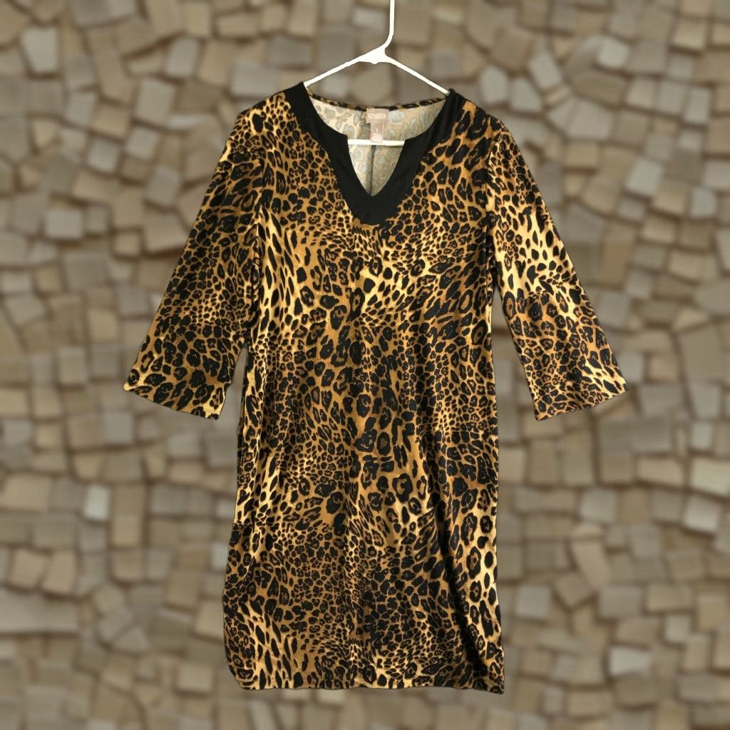 Vintage Chico's Dress Womens Size 1 Cheetah Print Dolman Sleeve Polyester Spandex V-Neck Pullover Midi/3/4 Sleeve Animal Print Brown Size XS / US 0-2 / IT 36-38 - 1 Thumbnail