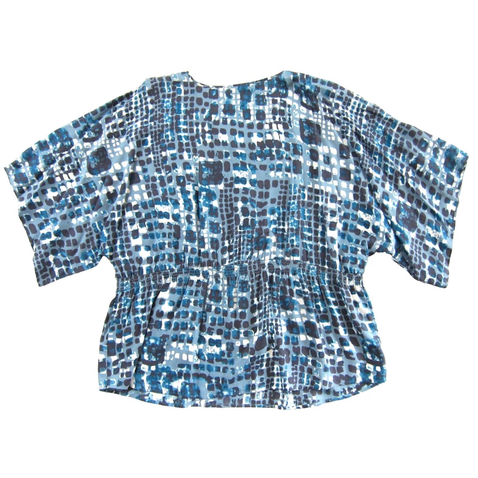Vintage Sejour Blouse 2X Women V-Neck Boxy Rayon Abstract Blue White Brown Short Sleeve Geometric 90s Classic Casual/Business Size XXL / US 16-18 / IT 52-54 - 2 Thumbnail