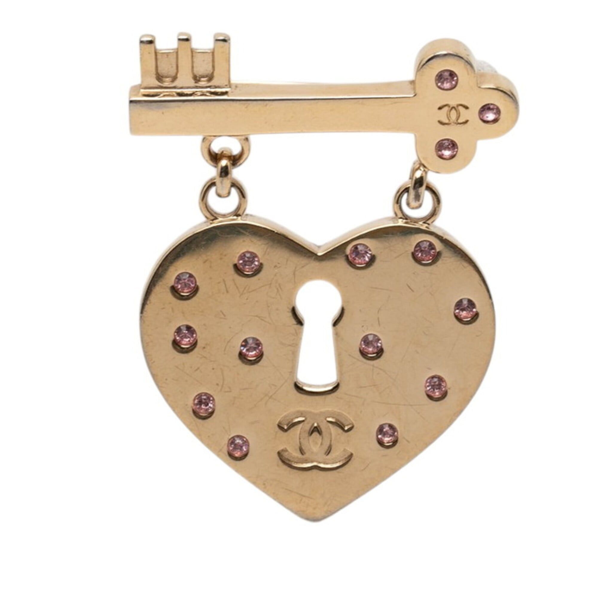 Chanel Chanel Coco Mark Heart Lock Key Motif Brooch 02P Gold Pink Plated Rhinestone Women's CHANEL Size ONE SIZE - 1 Thumbnail