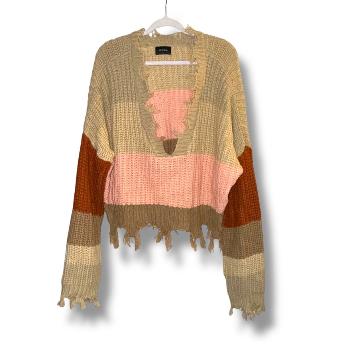 Other Storia color block striped distressed V neck cropped sweater Size L / US 10 / IT 46 - 2 Thumbnail