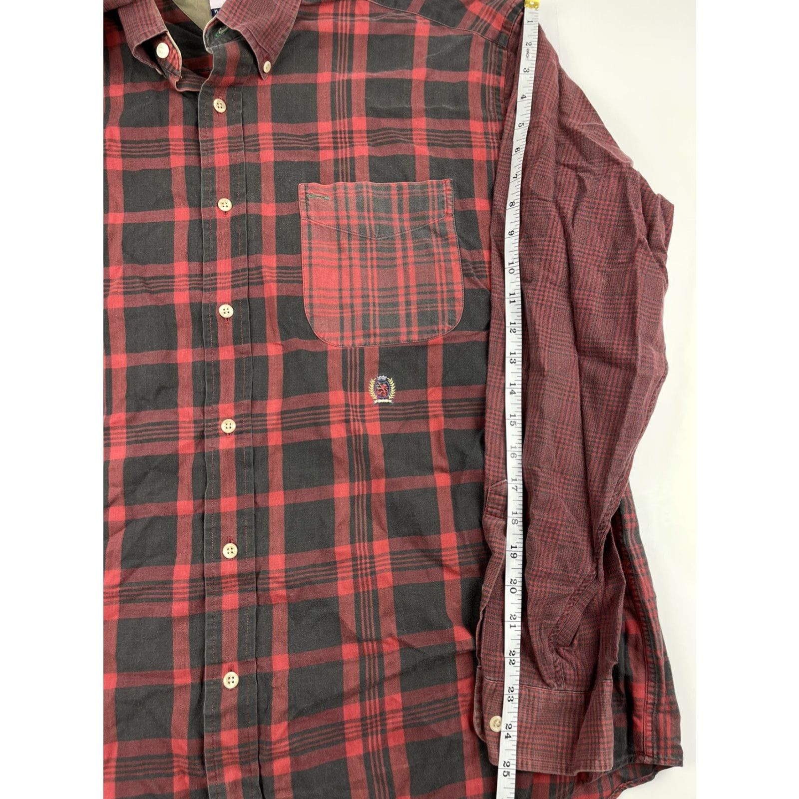 Tommy Hilfiger VINTAGE Tommy Hilfiger Shirt Red Plaid Long Sleeve Button-Down Sz L Adult Large Red, Cotton, 90s, Preppy, Lion Crest, Logo, Pocketed Mens Shirt Size 42R - 7 Thumbnail