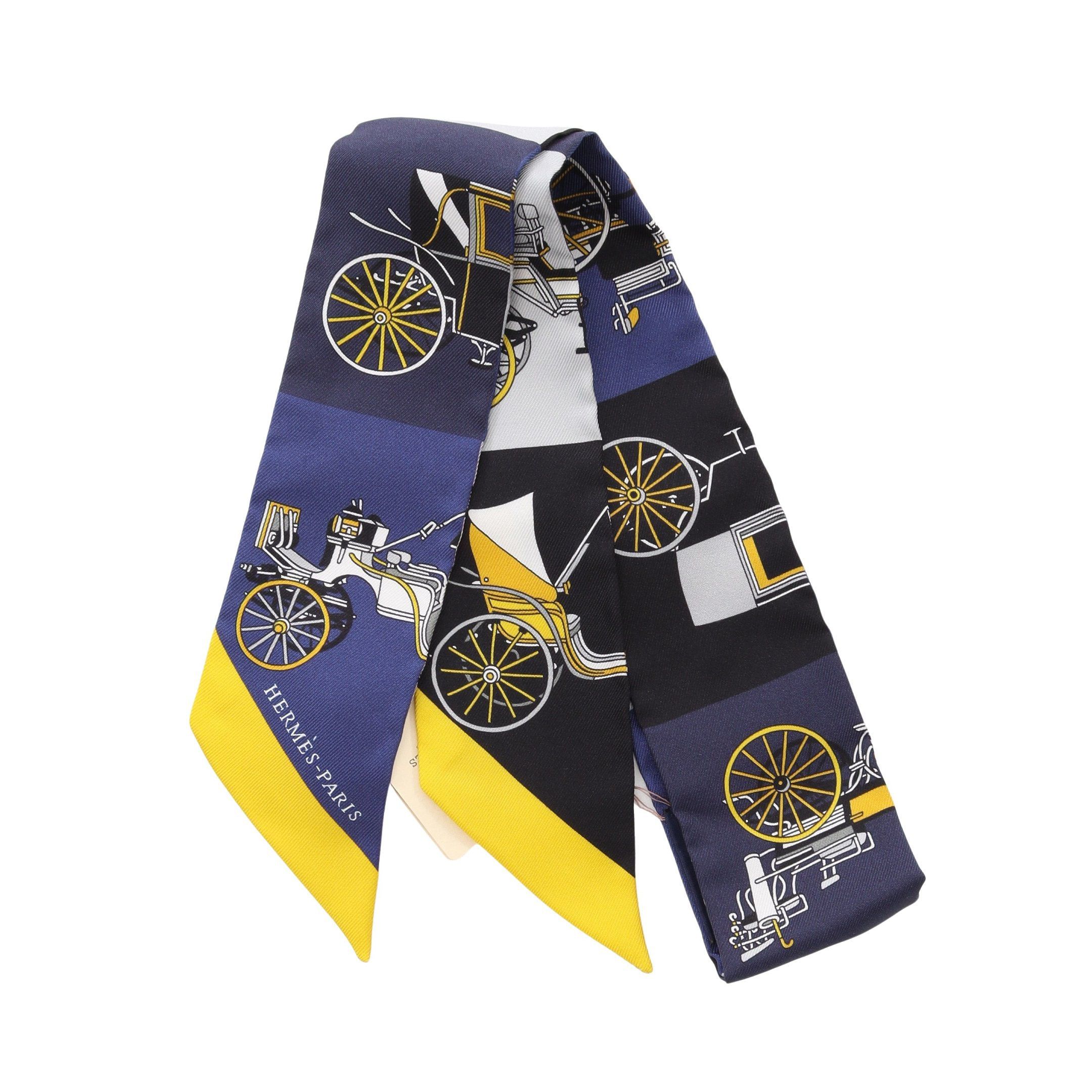 Hermes Twilly Voitures Exquises Ribbon Scarf Silk Navy Multicolor